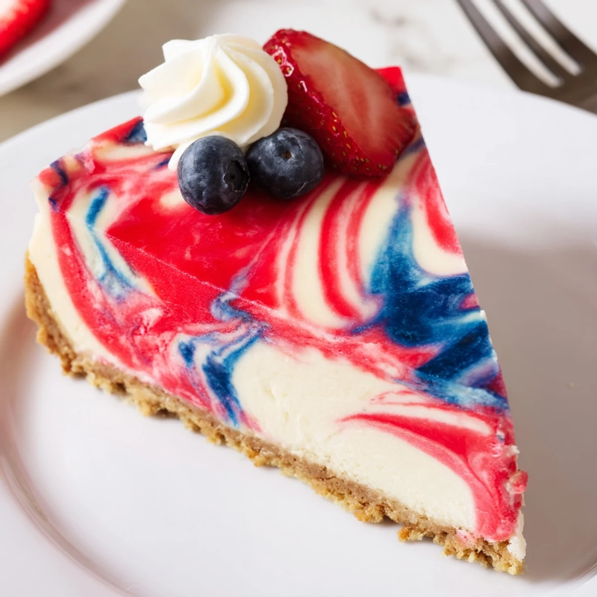 Homestyle Patriotic Swirl Cheesecake resting on crust, creamy texture, festive centerpiece