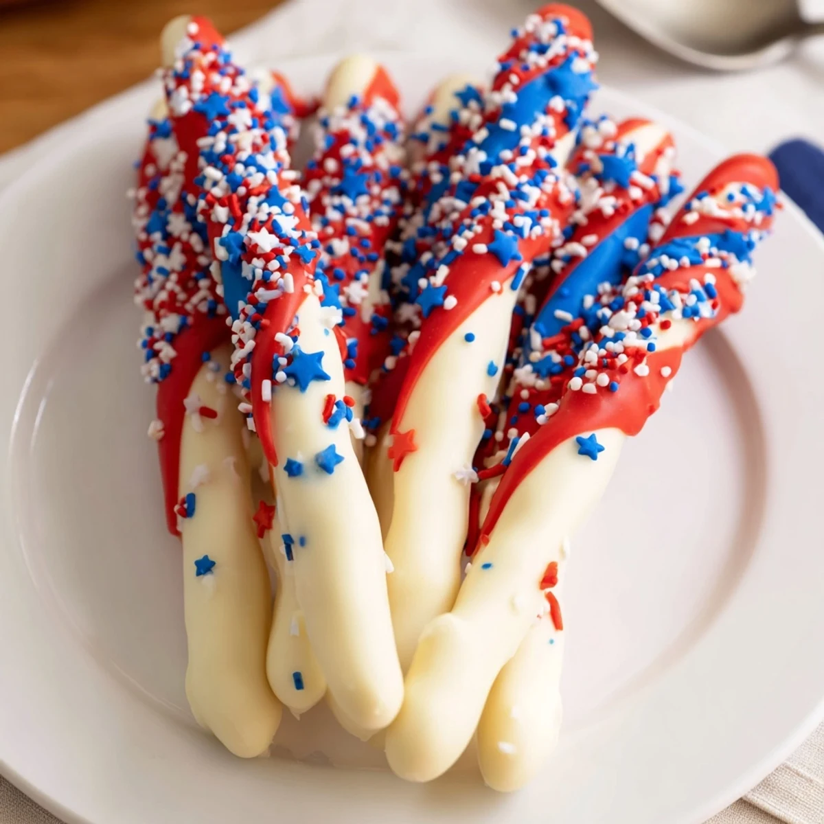 Patriotic Pretzel Rods glistening with striped red, white, and blue drizzle.