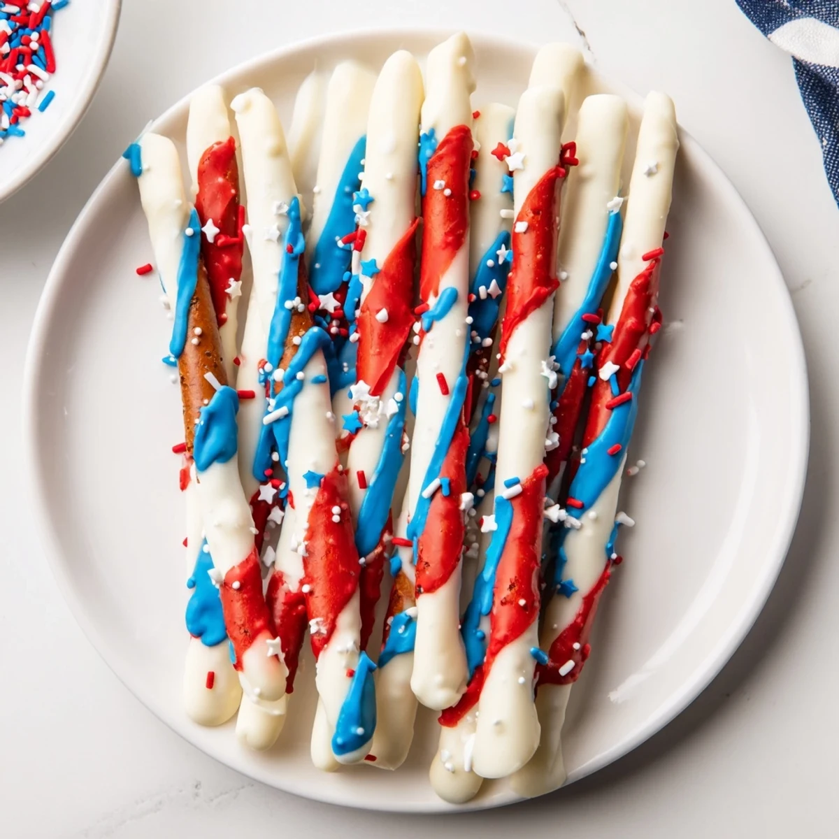 Hand-held Patriotic Pretzel Rods: crunchy salted pretzel, sweet chocolate, festive sprinkles.