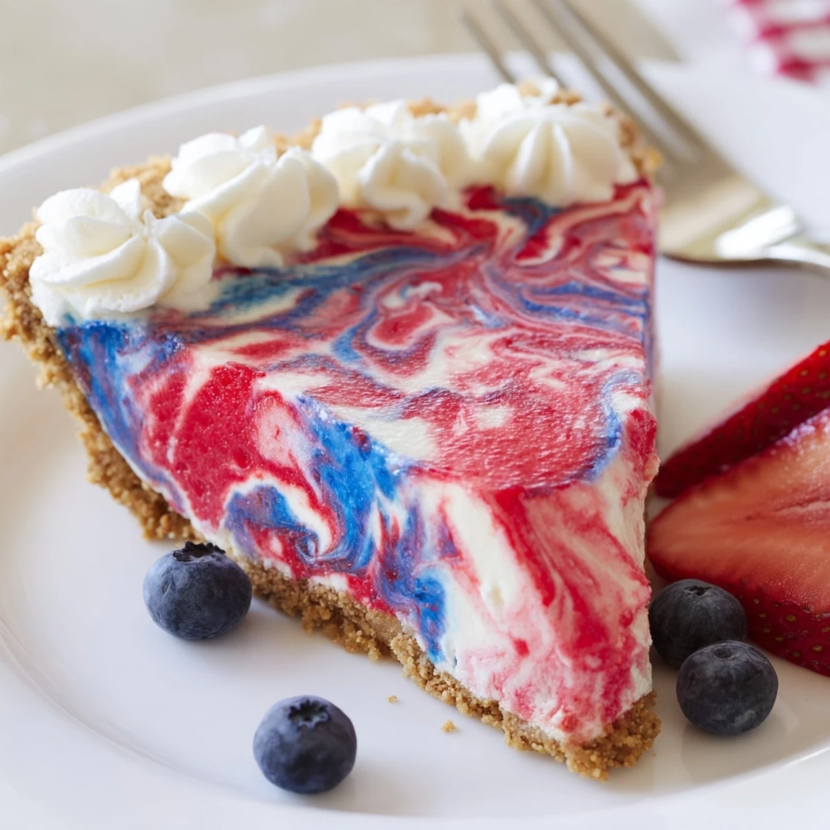 Patriotic Red White And Blue Swirl Pie slice with whipped cream and berries