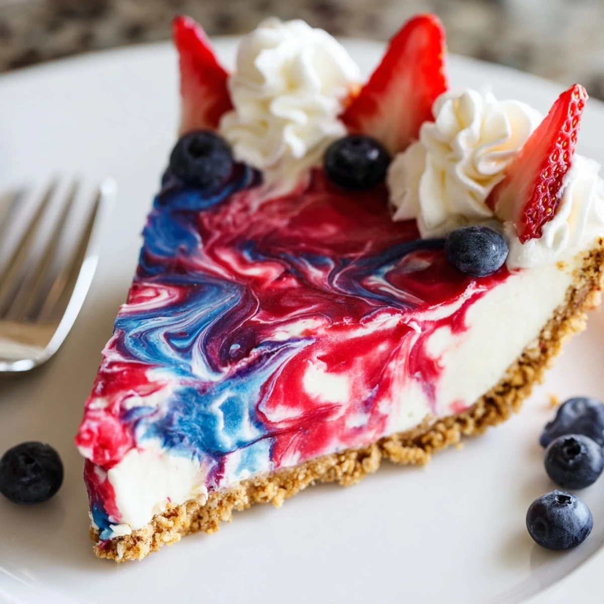 Close-up of Patriotic Red White And Blue Swirl Pie topped with fresh strawberries