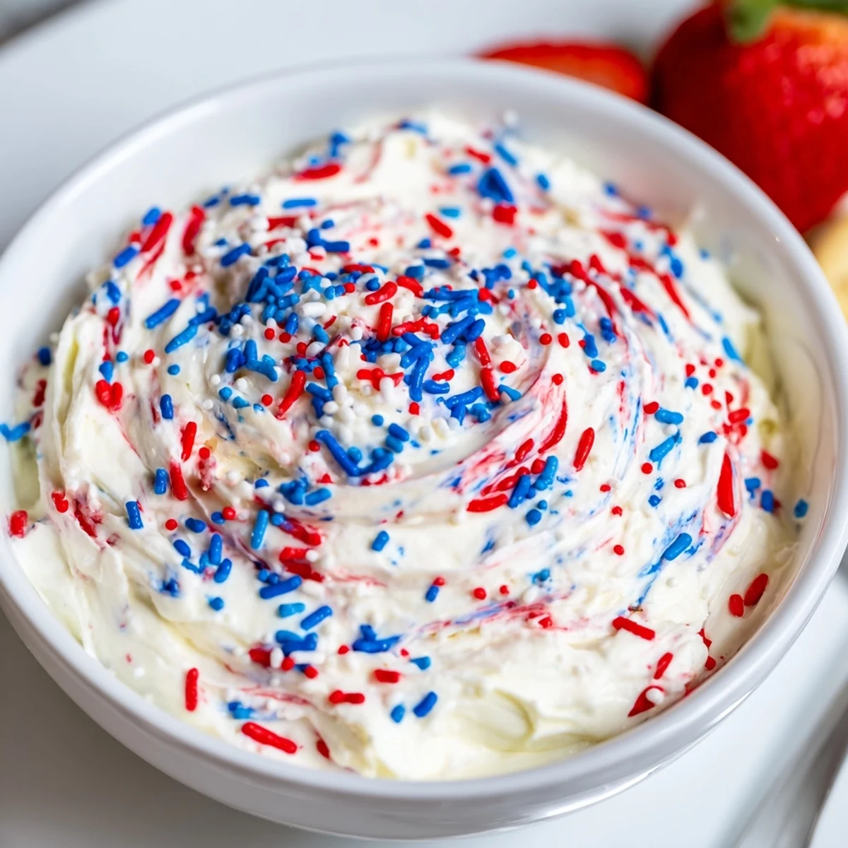 Red White And Blue Funfetti Dip, creamy vanilla flecked with patriotic sprinkles.