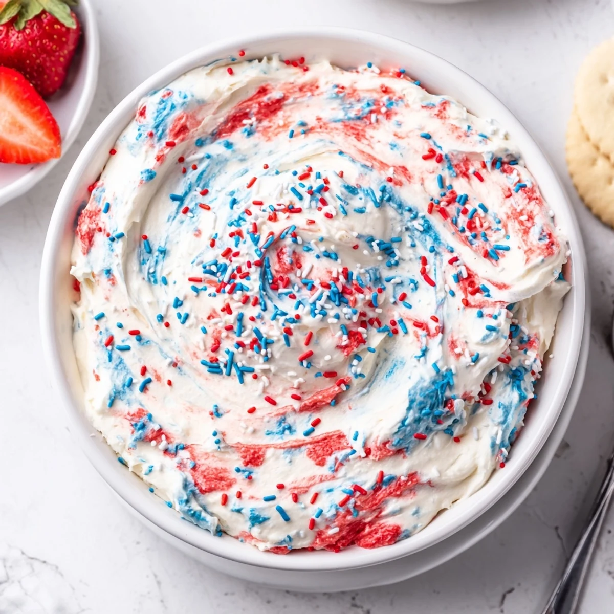 Light, fluffy Red White And Blue Funfetti Dip dotted with crunchy pretzel pieces.