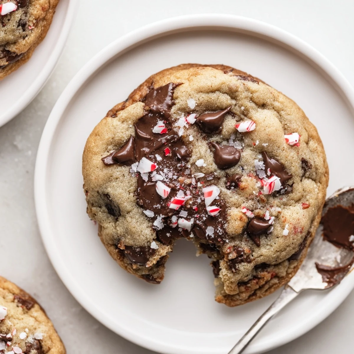 Peppermint Chocolate Chip Cookies cooling on rack, glossy chips and crushed candy.