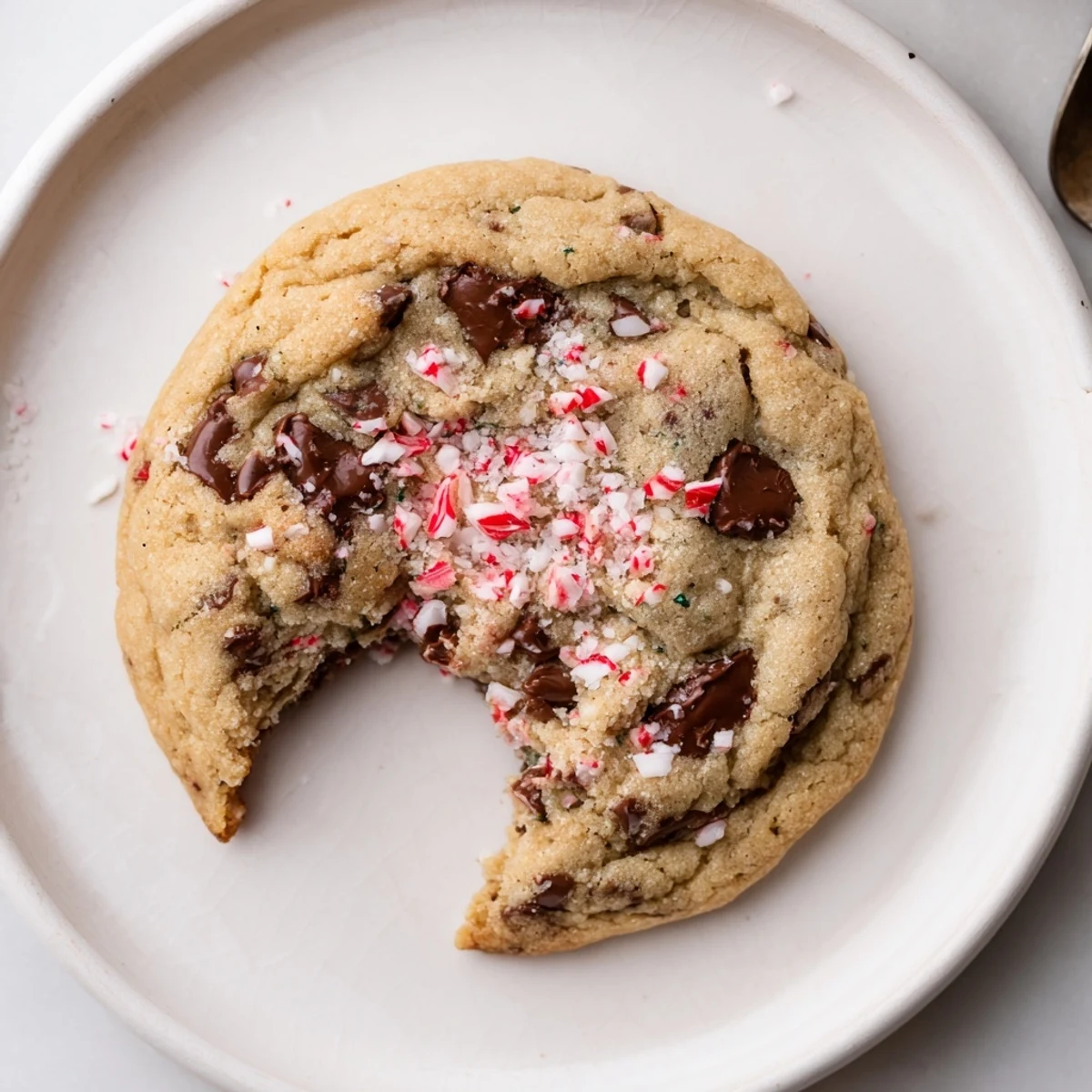Stack of Peppermint Chocolate Chip Cookies served with steaming mug of cocoa.