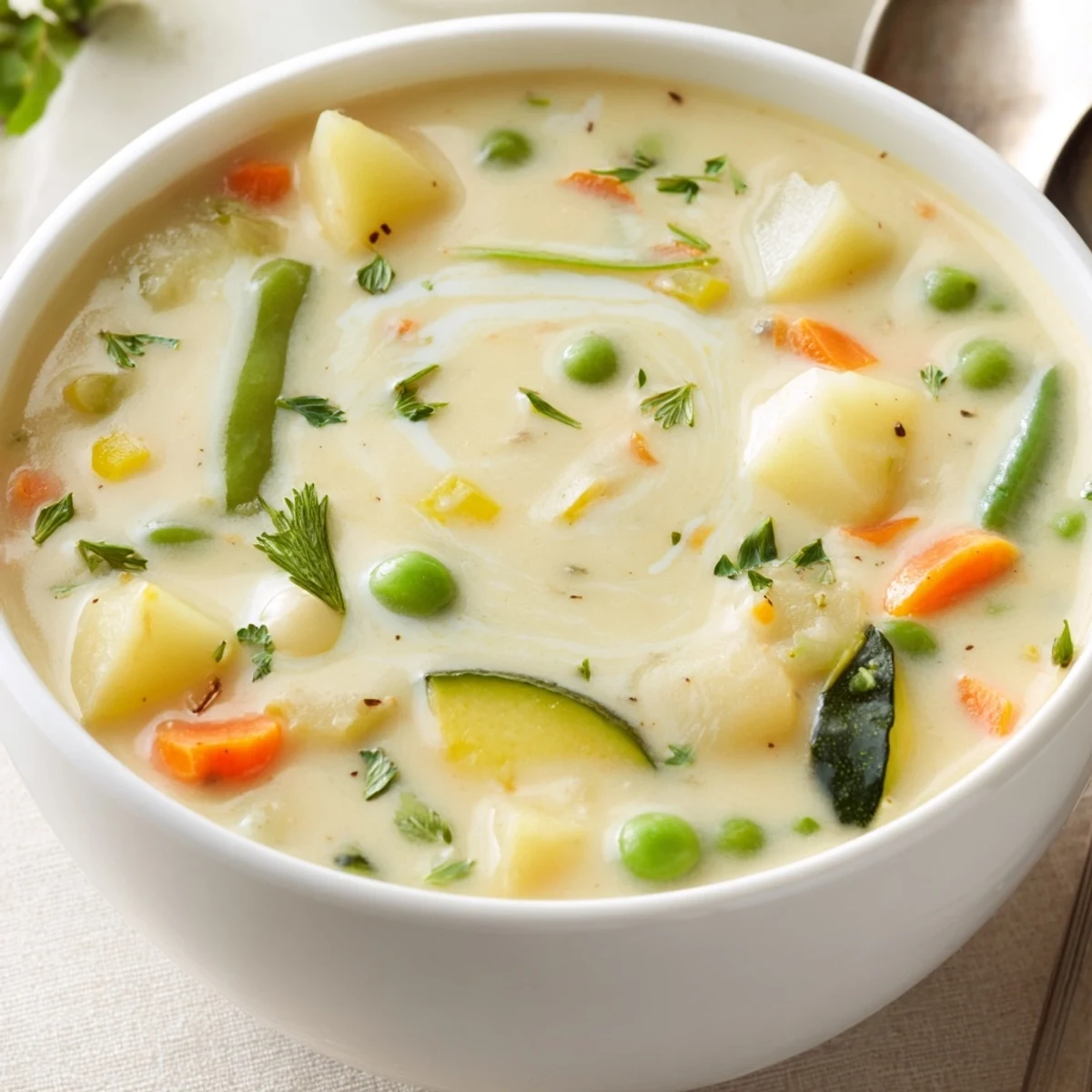 Creamy Vegetable Soup Recipe steaming in a bowl, velvety texture, herb garnish.