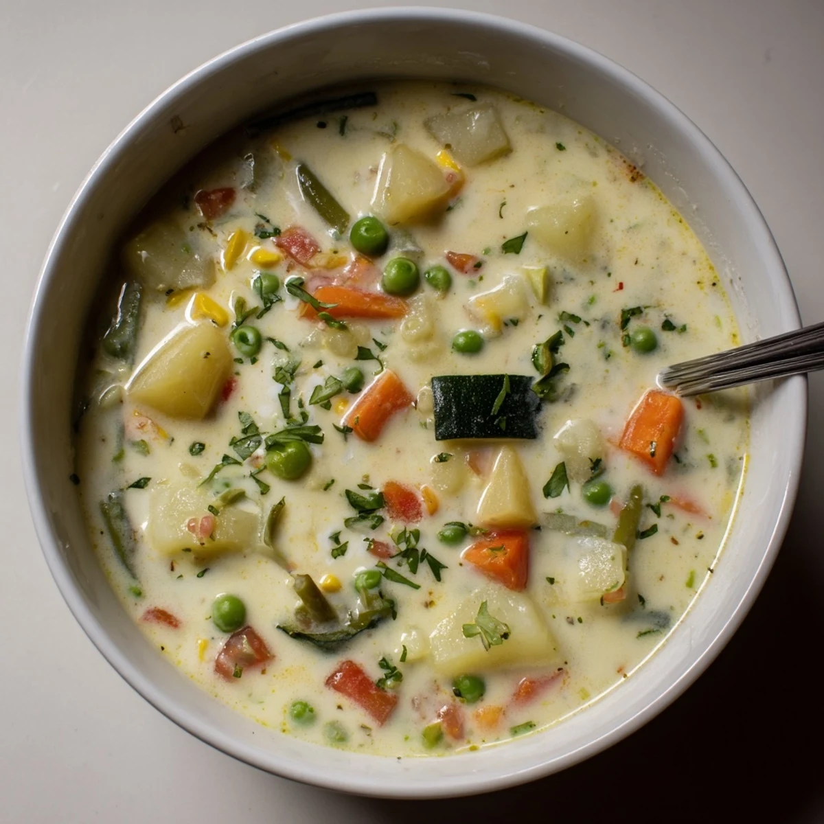Bowl of steaming, tender vegetables in a Creamy Vegetable Soup Recipe.