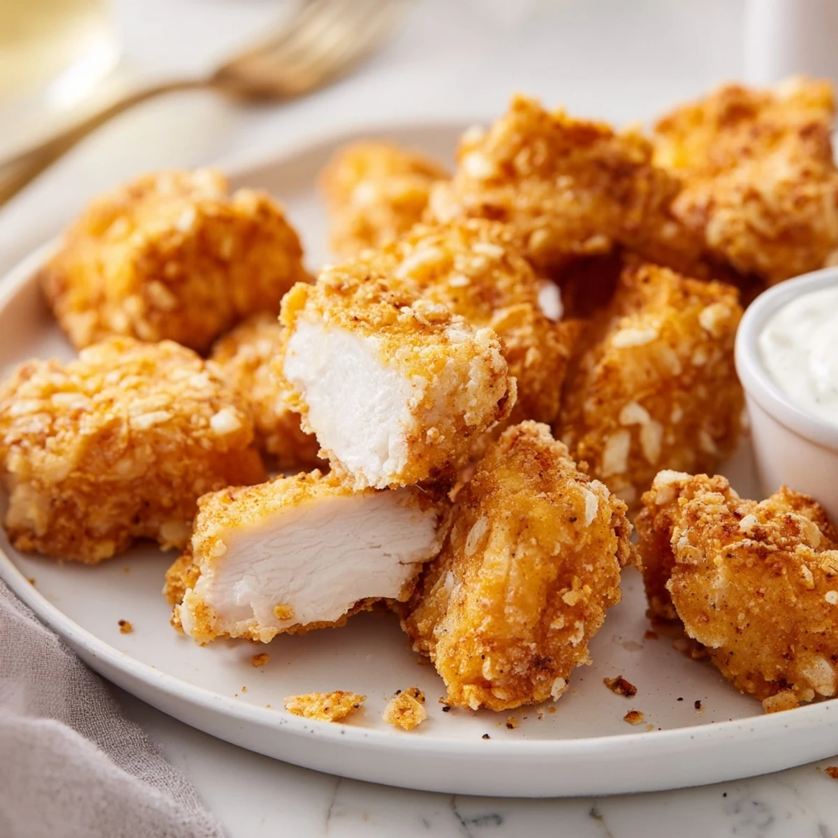 Freshly fried Chicken Bites, golden crust, steam rising, ready to share.