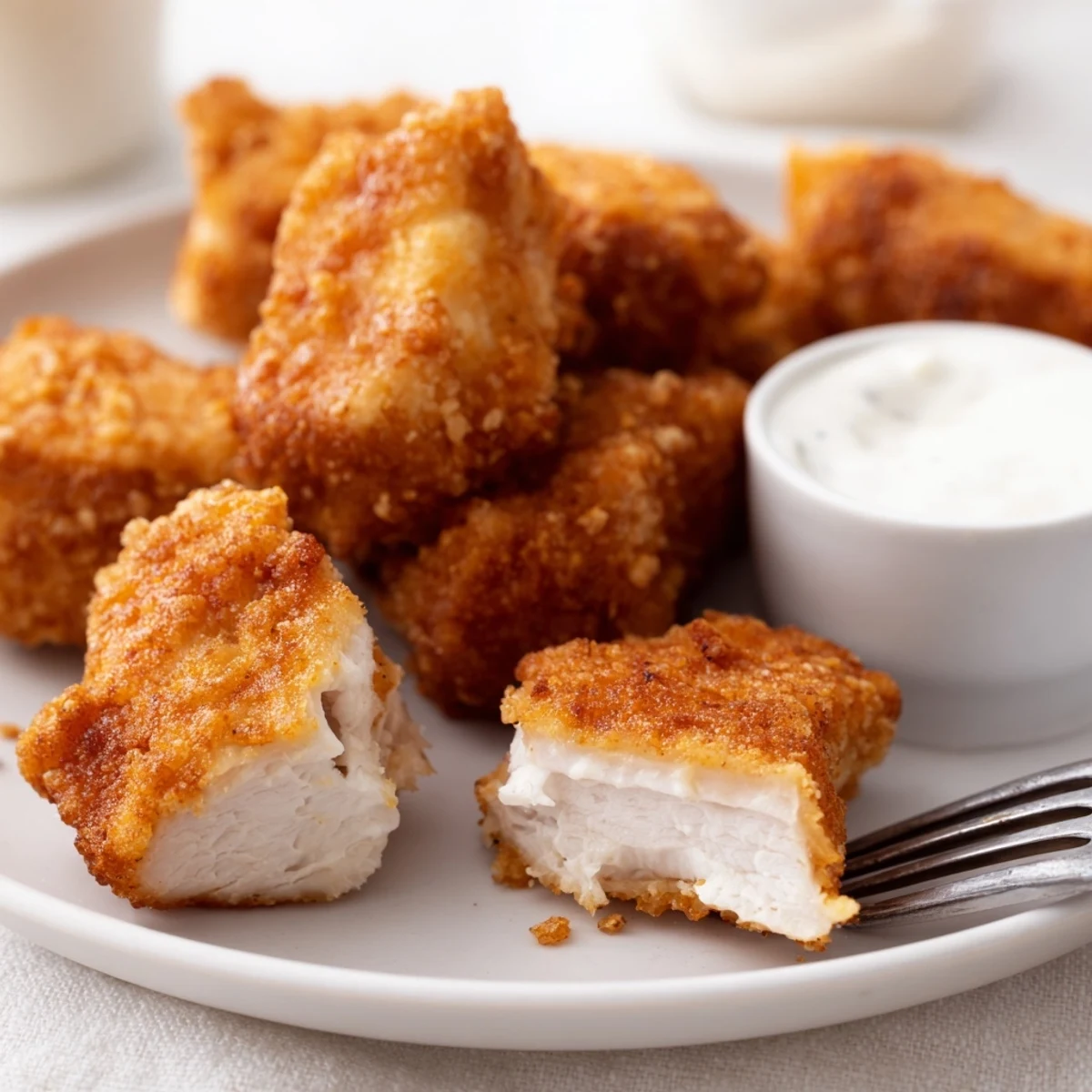 Golden, crispy Chicken Bites piled on plate with ranch and honey mustard.