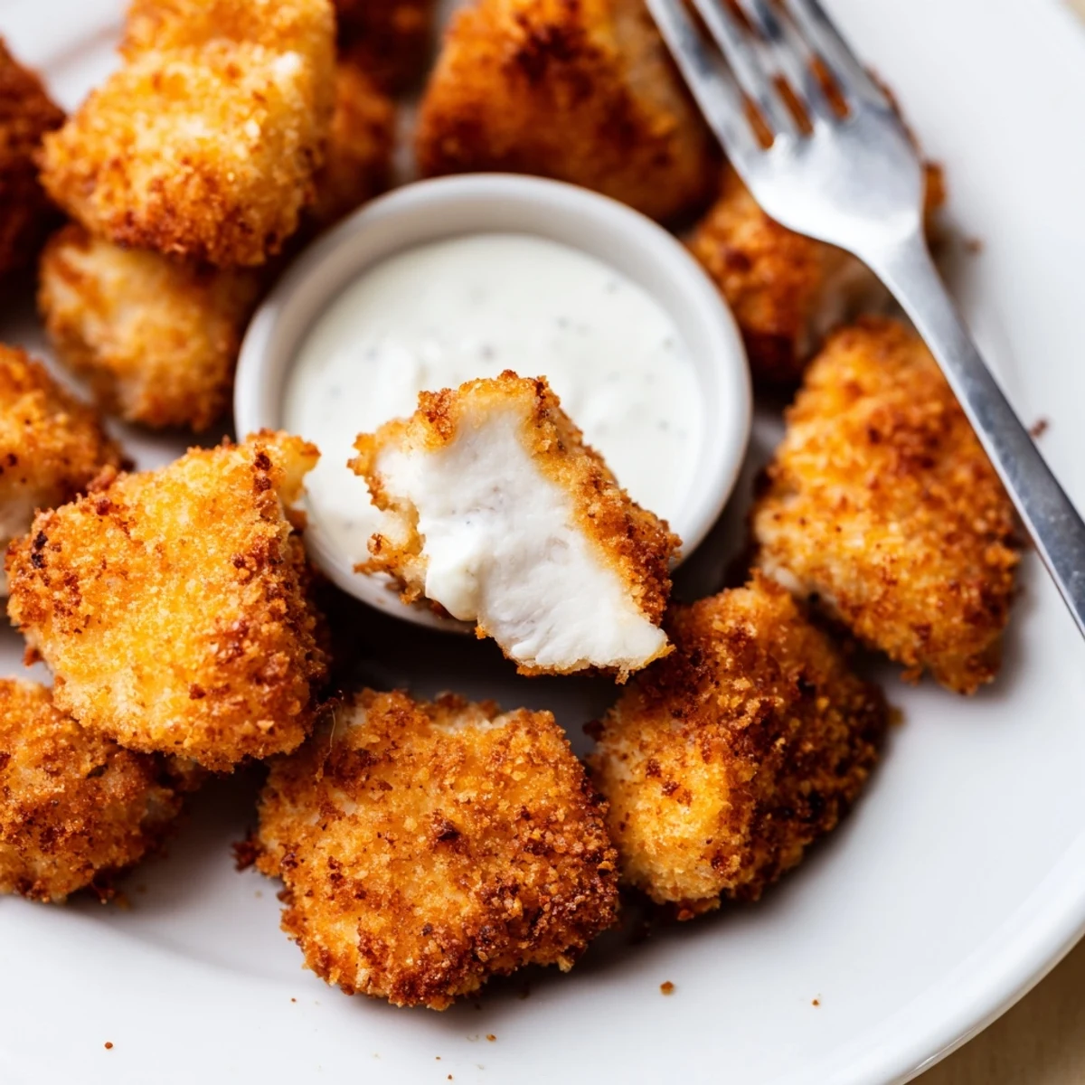 Juicy, seasoned Chicken Bites served hot with tangy BBQ sauce and pickles.