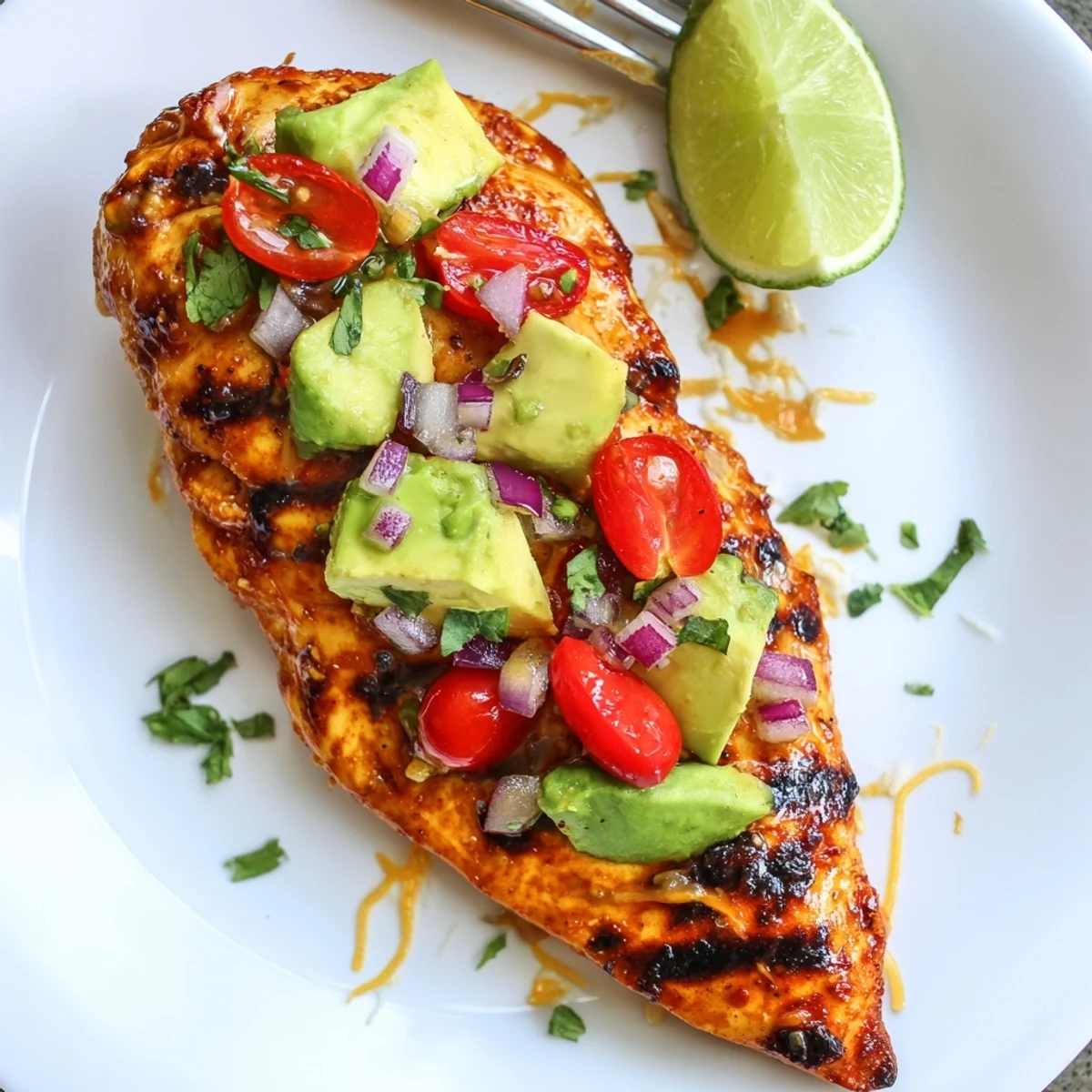 Grilled Fiesta Lime Chicken With Avocado, zesty char marks and citrus aroma  