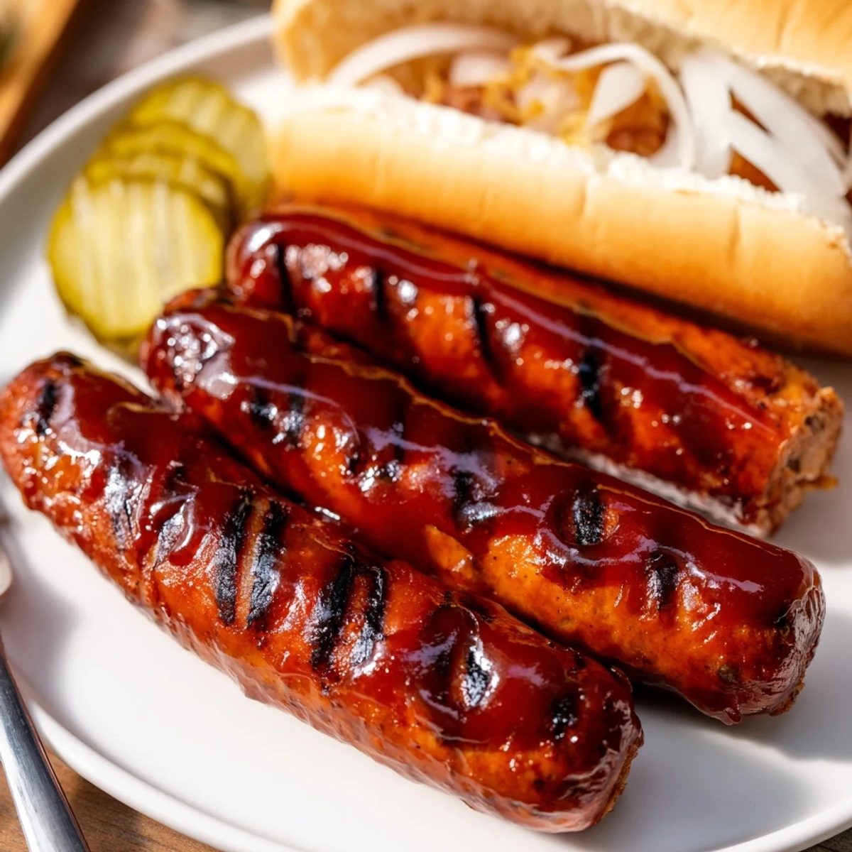 BBQ Sausage Recipe showing caramelized grilled sausages brushed with tangy sauce