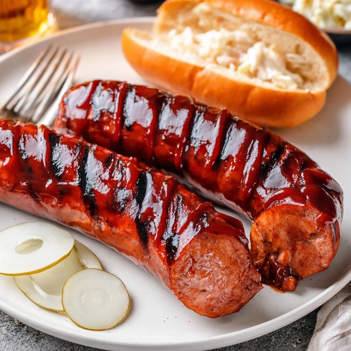 Summer cookout BBQ Sausage Recipe nestled in buns with crisp pickles