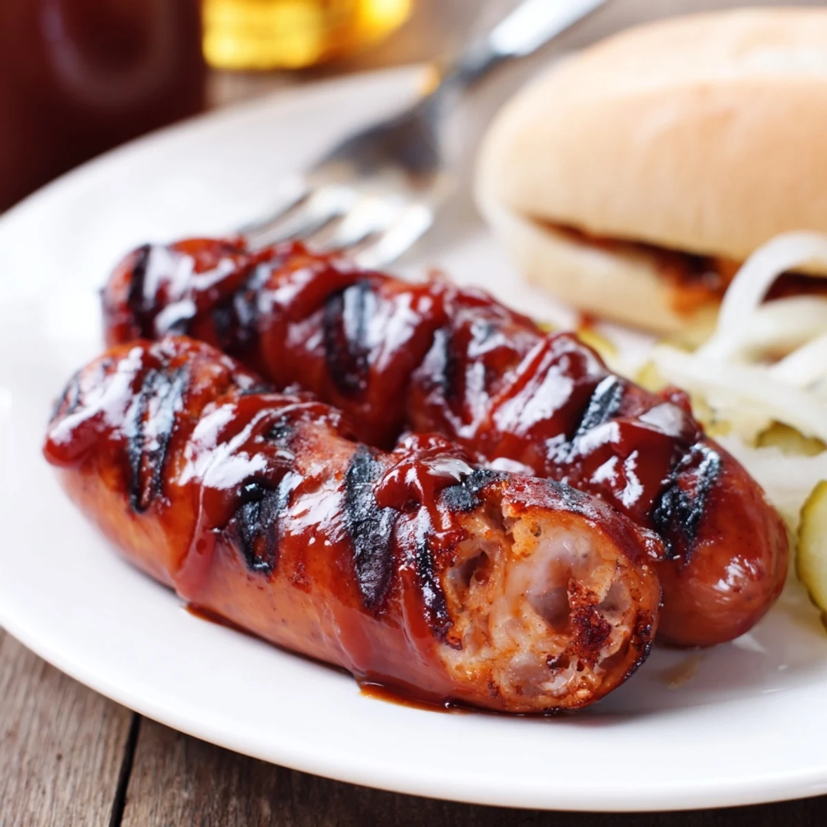Glistening BBQ Sausage Recipe displays charred links with glossy sauce, steam rising