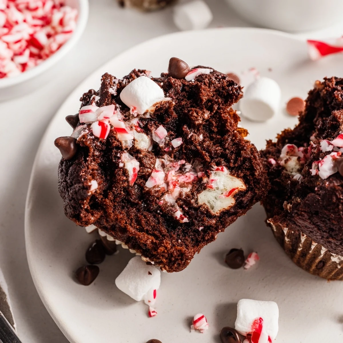 Peppermint Hot Chocolate Muffins resting on wire rack, steaming, chocolate chips melting