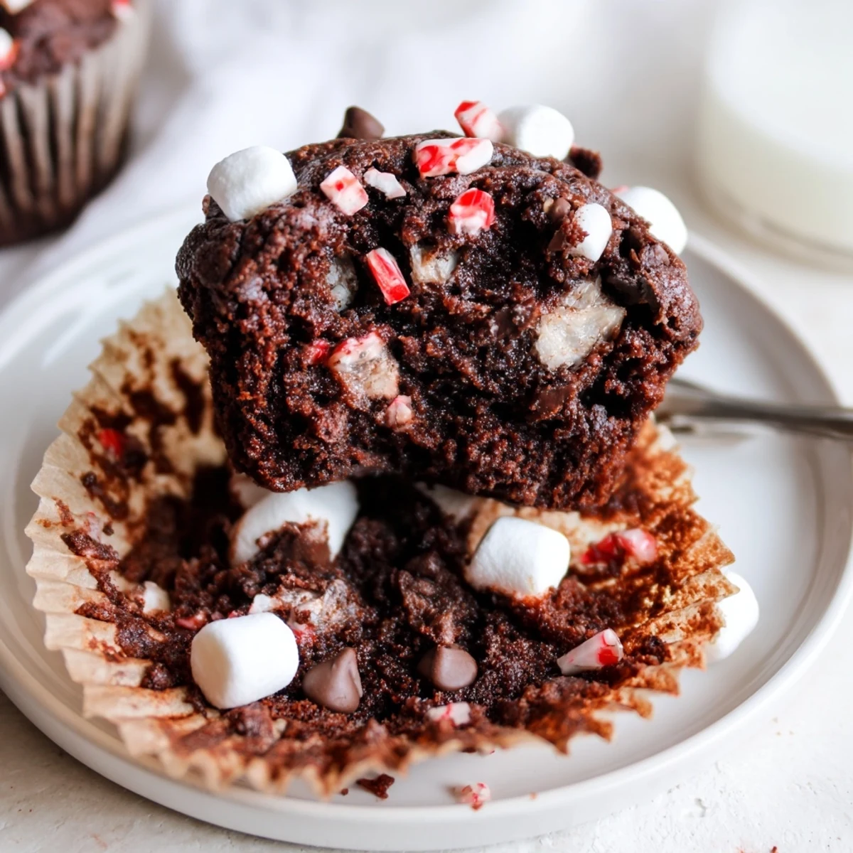 A platter of warm Peppermint Hot Chocolate Muffins topped with marshmallows and chips