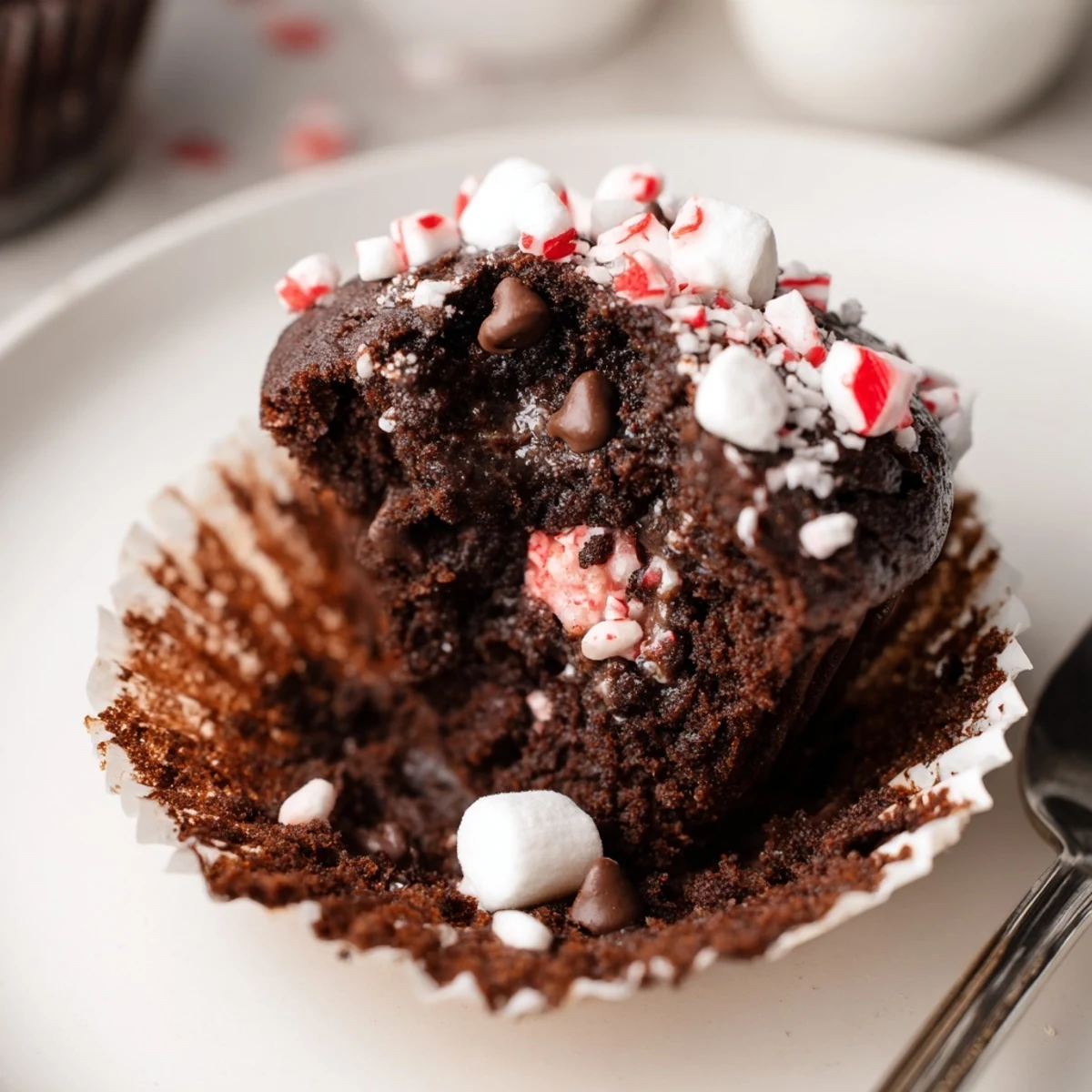 Warm Peppermint Hot Chocolate Muffins beside a mug, scent of cocoa and crushed peppermint