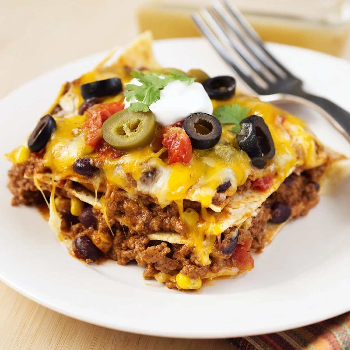 Warm Cheesy Nacho Casserole topped with sour cream and sliced jalapenos