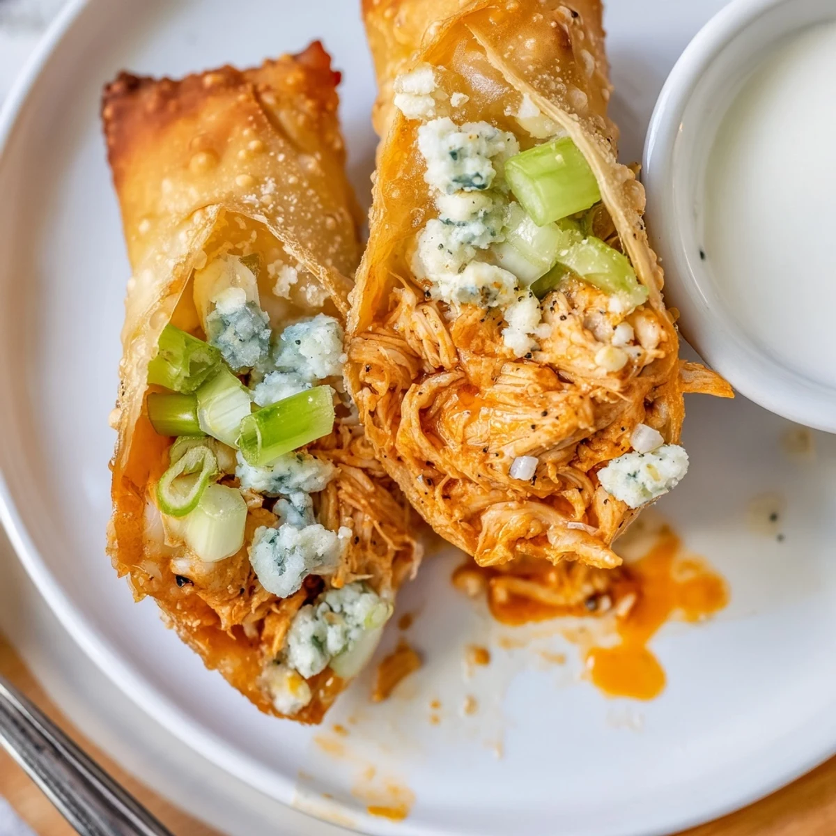 Fried Buffalo Chicken Egg Rolls oozing melted mozzarella, served warm with celery