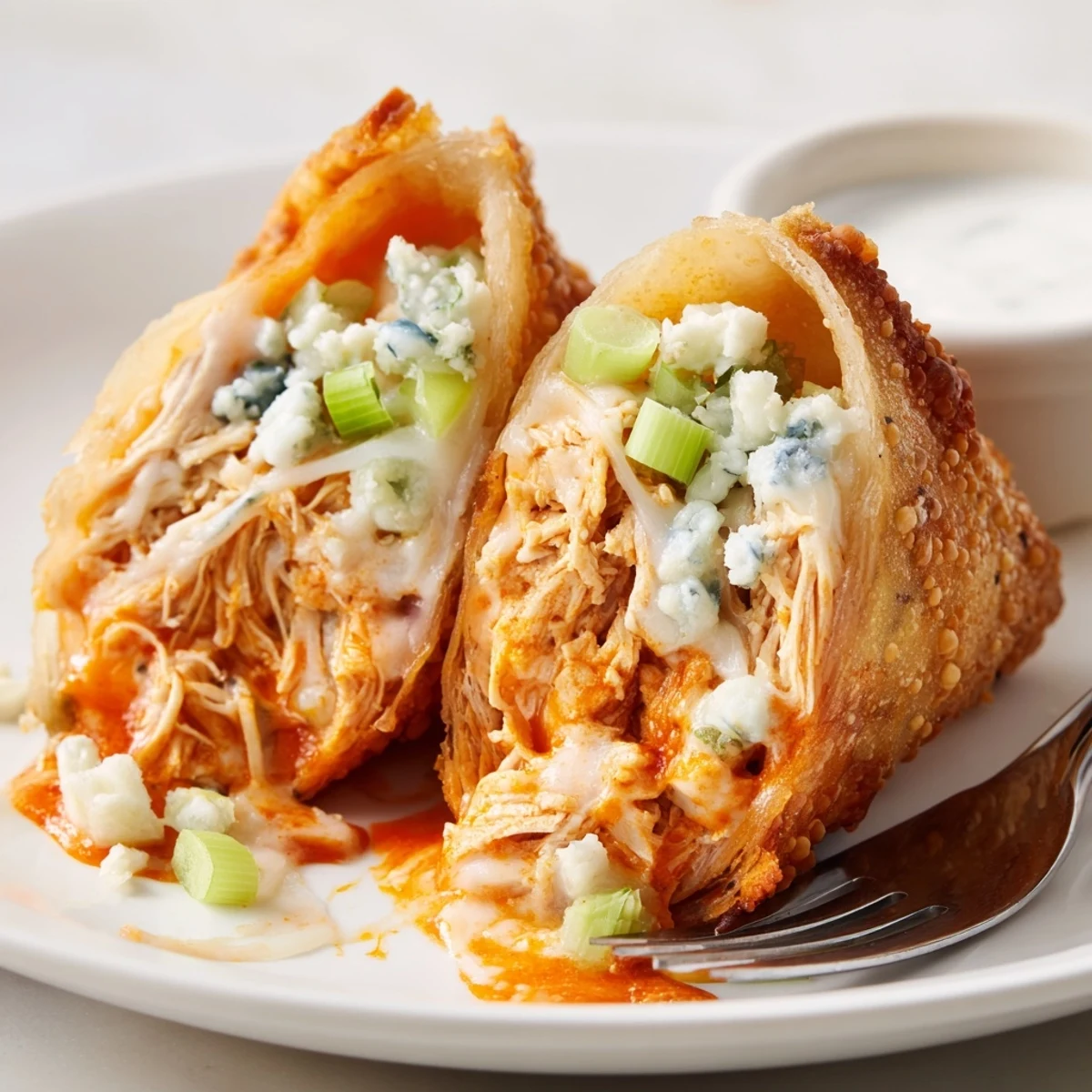 Baked option: golden Buffalo Chicken Egg Rolls beside blue cheese dip