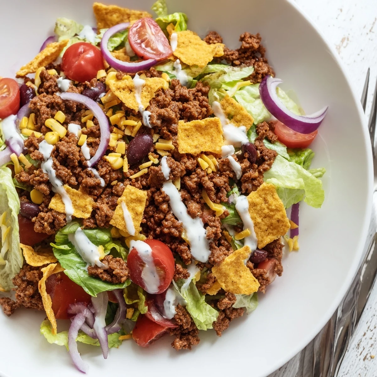 Colorful Simple Doritos Taco Salad featuring crisp romaine, tomatoes, black beans, crunchy chips