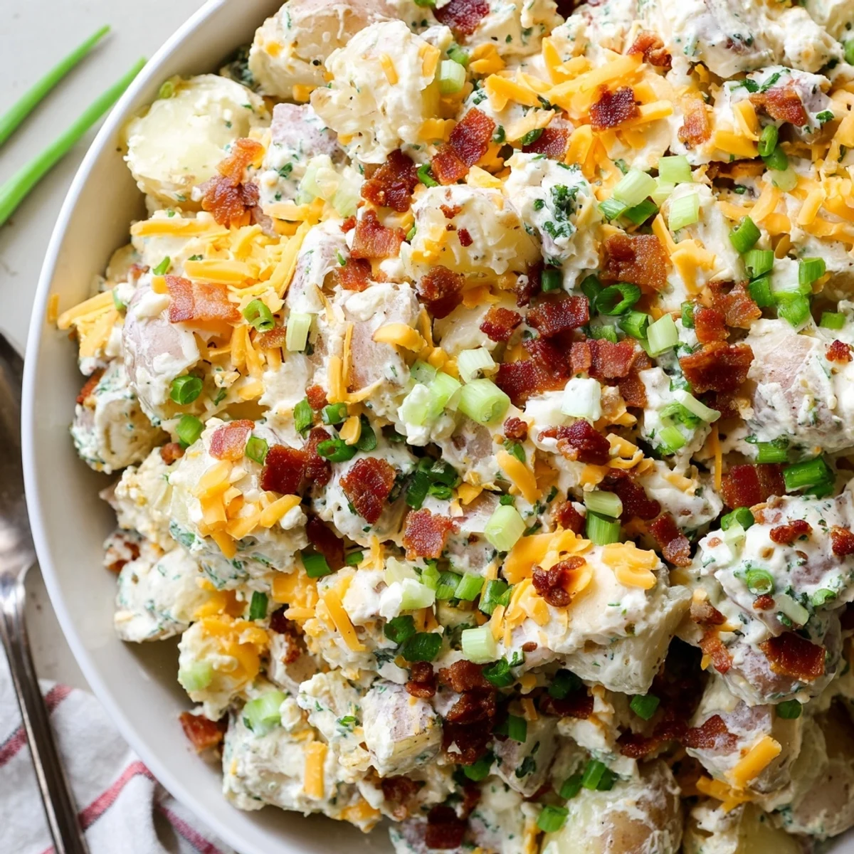 Chunky Beef Bacon Loaded Potato Salad with sharp cheddar, herbs, served warm