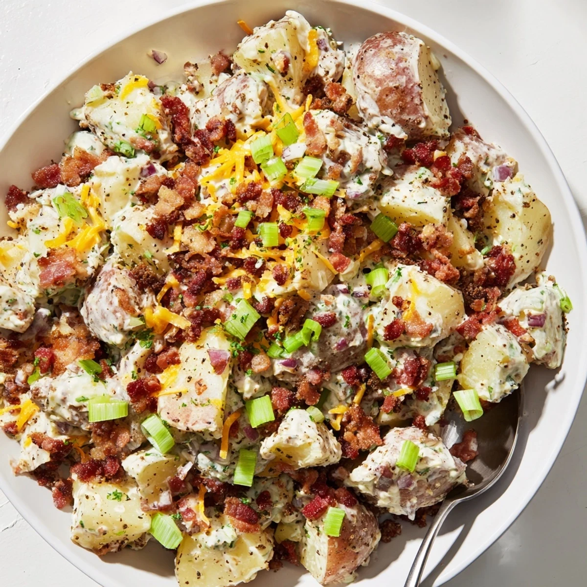 Summer picnic Beef Bacon Loaded Potato Salad studded with celery and parsley