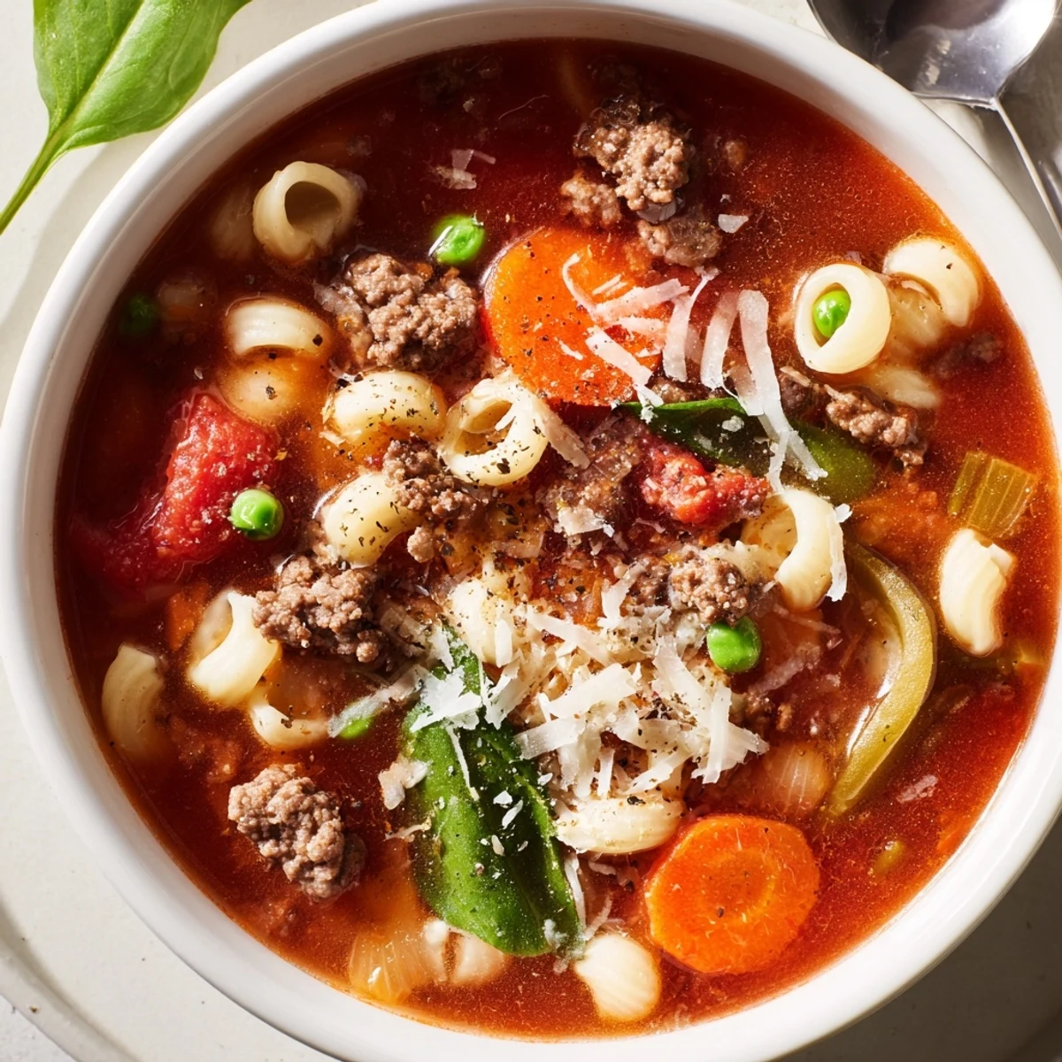 Steaming Delicious Homemade Ground Beef Pasta Soup Recipe For Comfort, topped with Parmesan