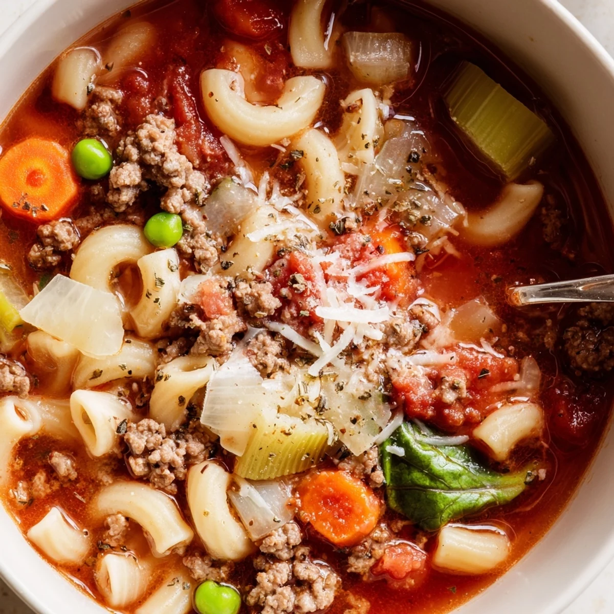 Hearty ladle of Delicious Homemade Ground Beef Pasta Soup Recipe For Comfort served hot