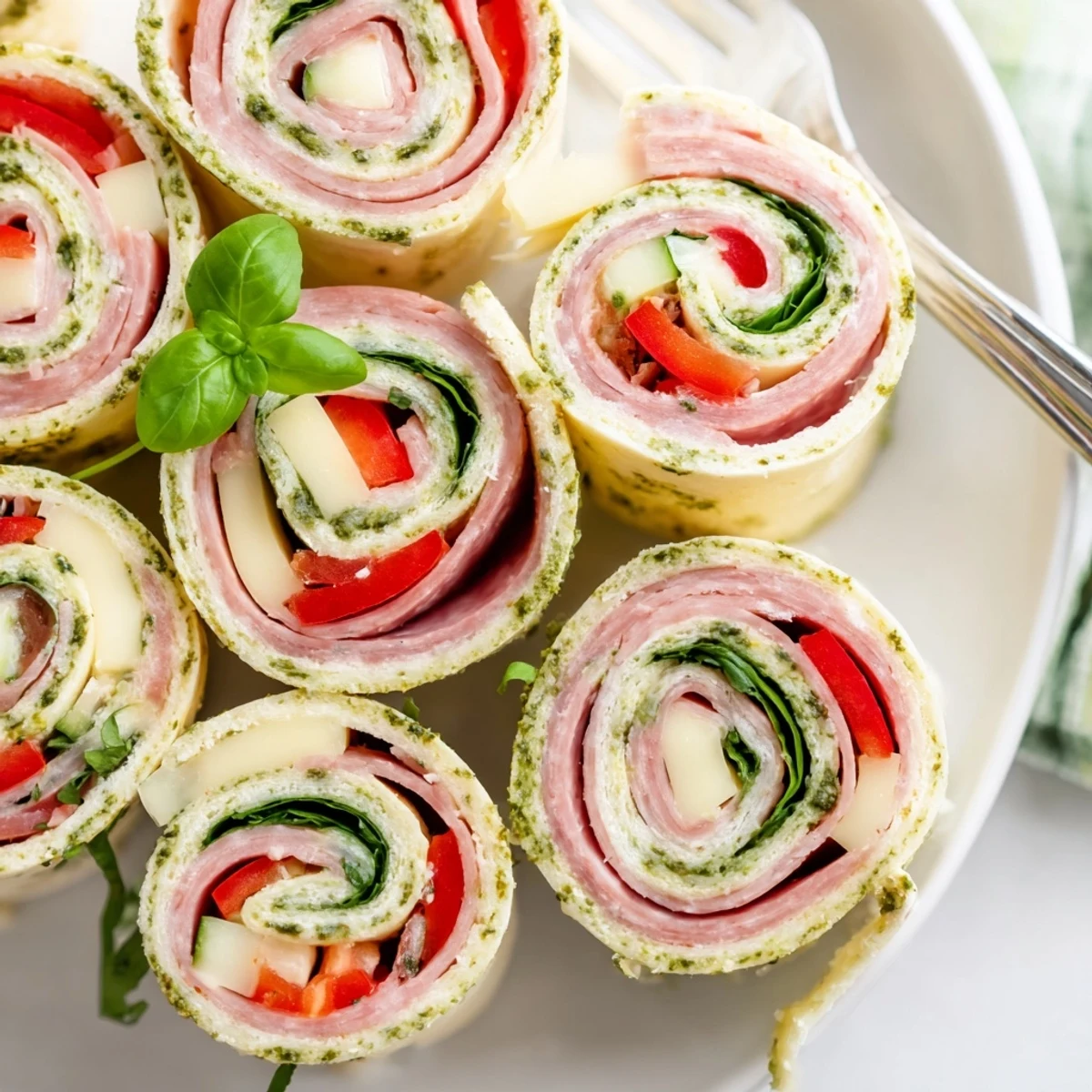 Italian Pinwheel Sandwiches arranged on platter, colorful layers, creamy pesto swirl