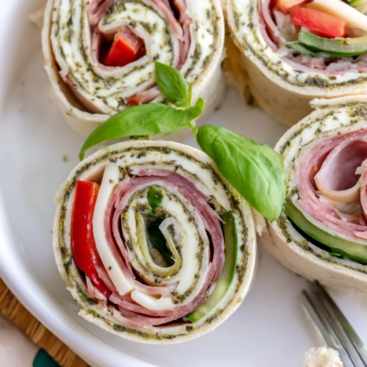 Chilled Italian Pinwheel Sandwiches sliced into bites, salami, provolone, fresh basil