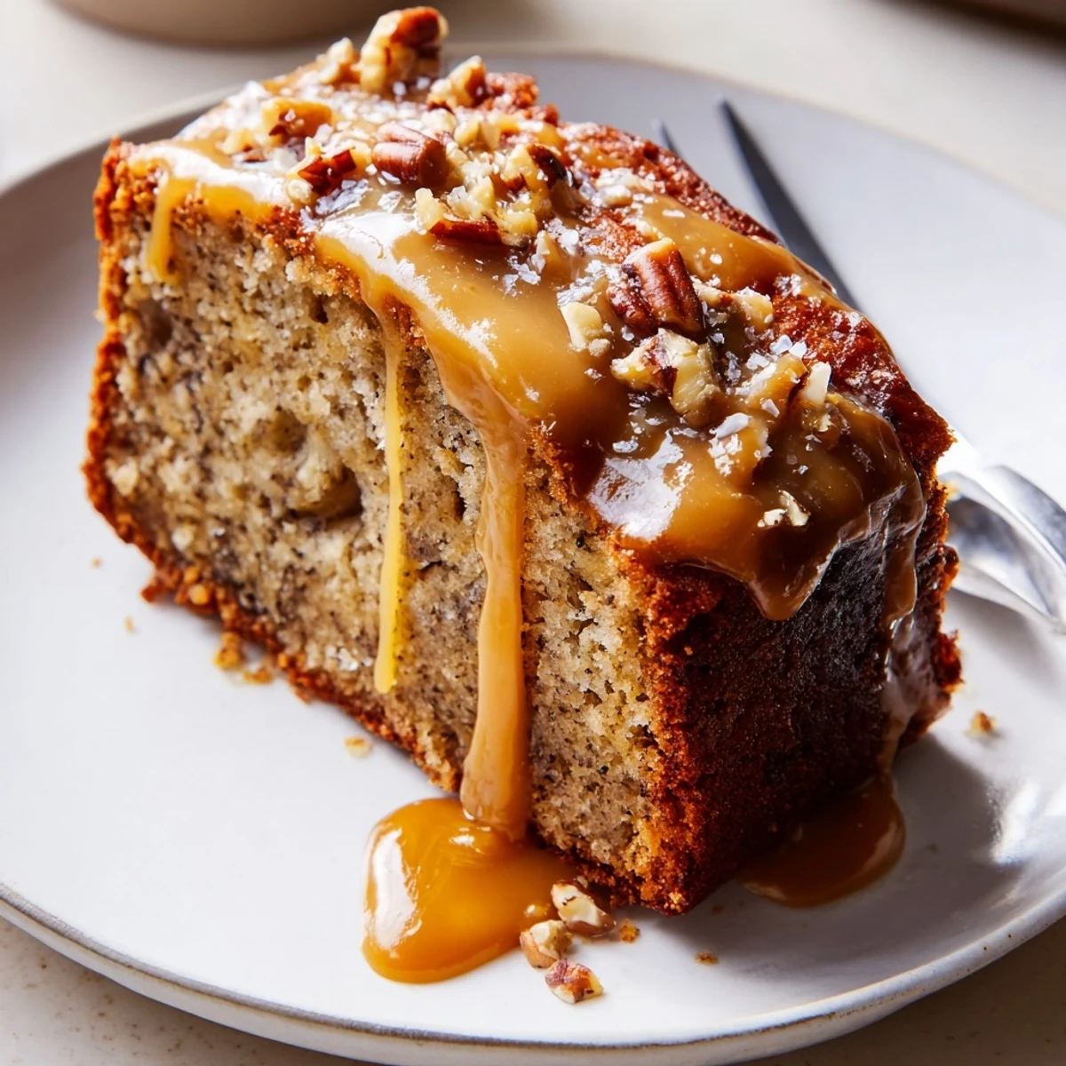 Warm slice of Salted Caramel Brown Butter Banana Cake with melty caramel