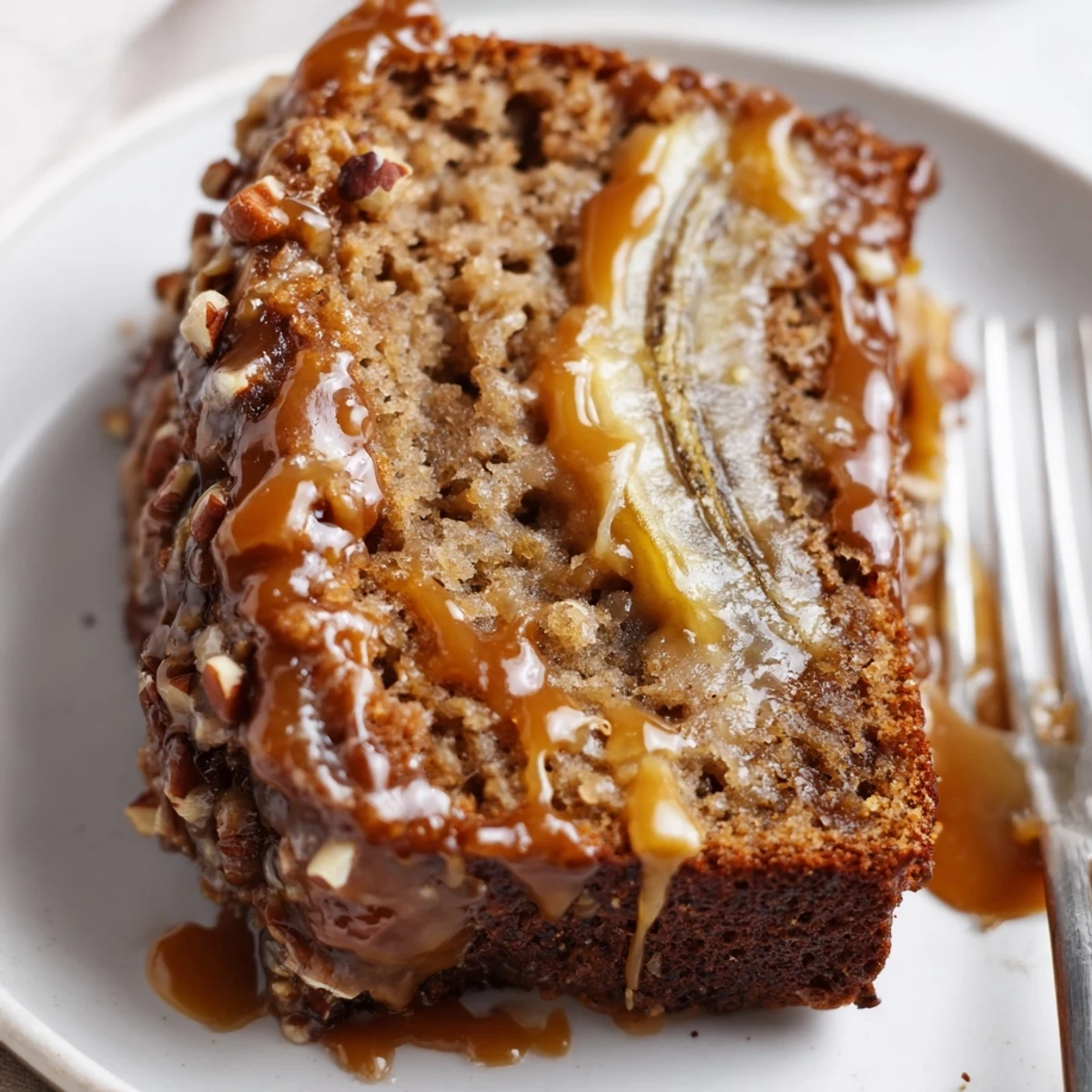 Salted Caramel Brown Butter Banana Cake on rustic plate, sprinkled sea salt