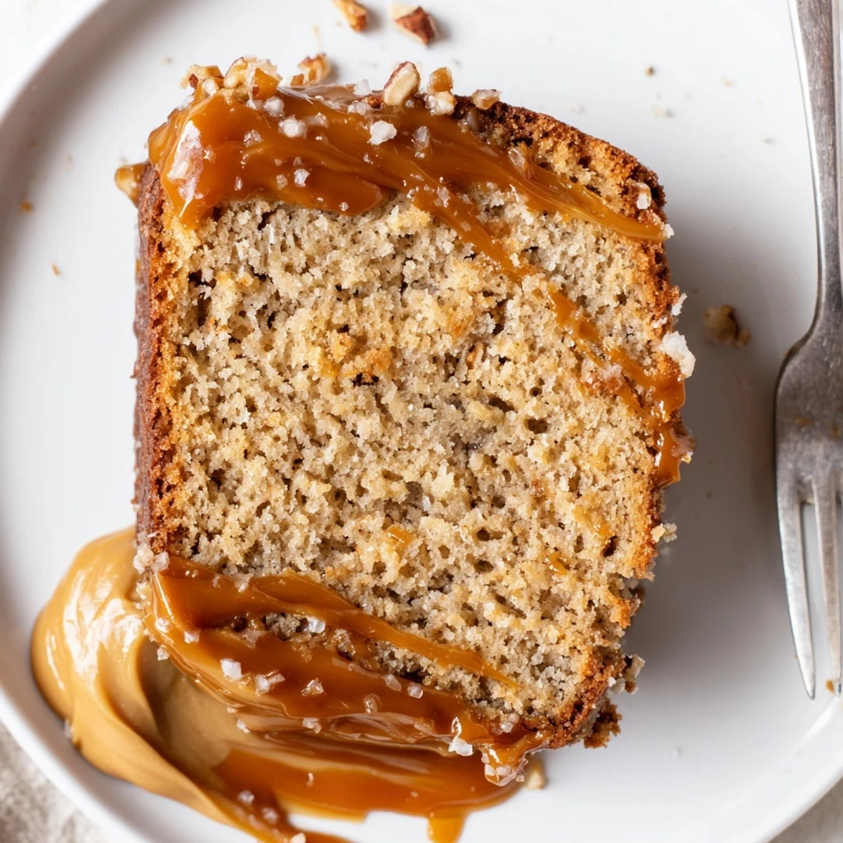 Aerial shot of Salted Caramel Brown Butter Banana Cake with toasted pecan garnish