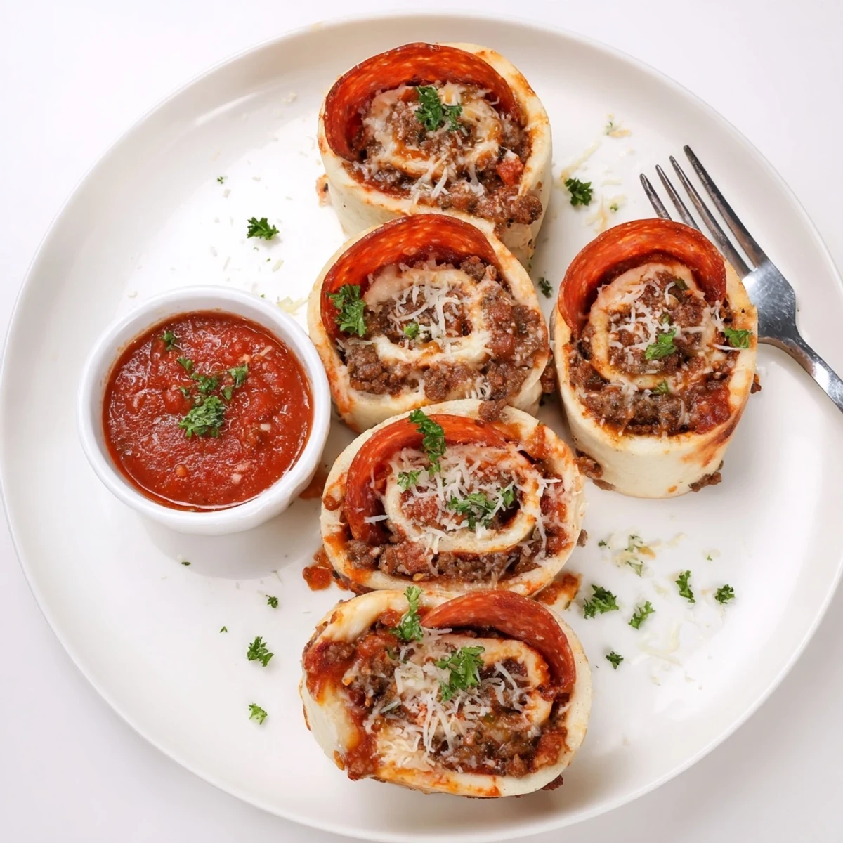 Cheesy Beef Pepperoni Pizza Roll Ups Snack Recipe with golden crust, gooey cheese, marinara  