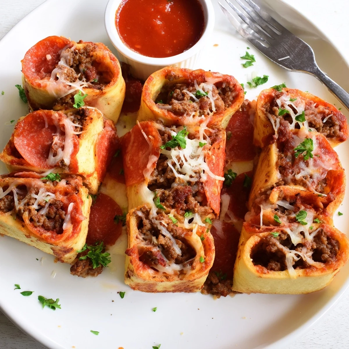 Cheesy Beef Pepperoni Pizza Roll Ups Snack Recipe bright basil garnish, crisp edges, cooling