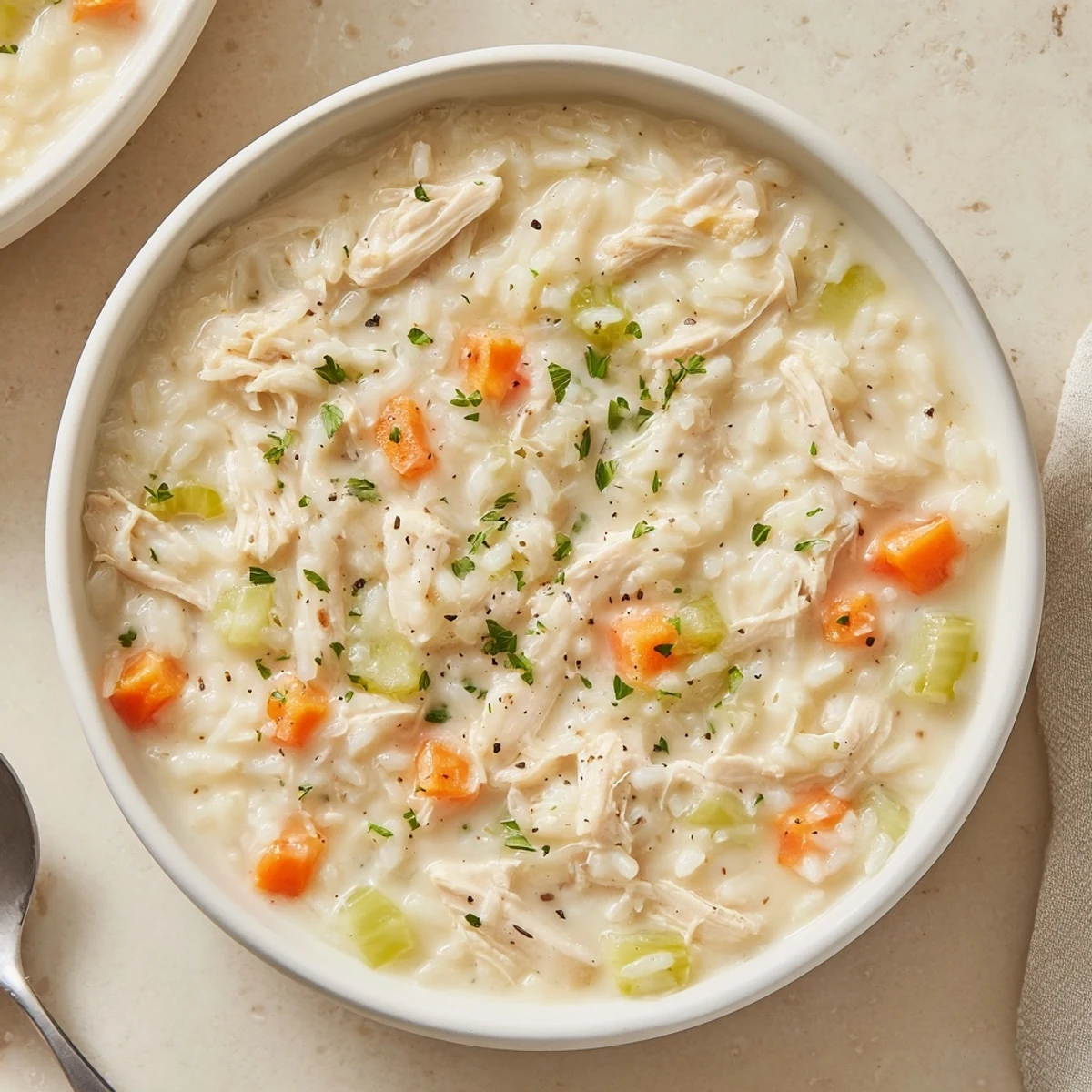 Steaming bowl of Creamy Chicken Rice Soup with tender chicken and rice