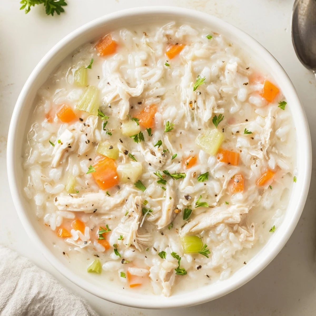Creamy Chicken Rice Soup ladled beside crusty bread, rich savory aroma