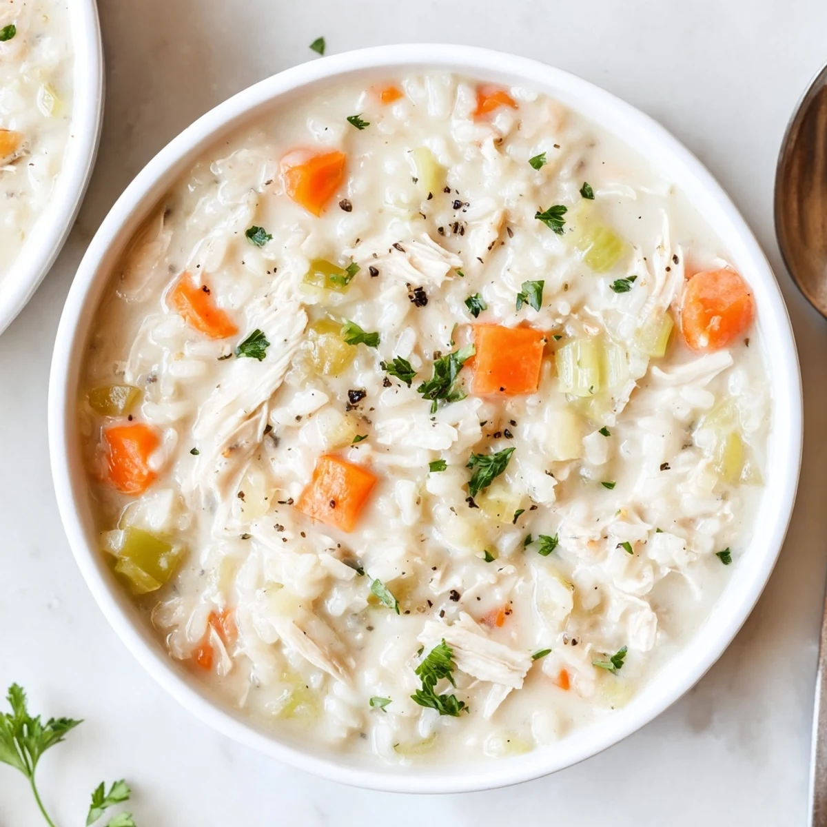Homemade Creamy Chicken Rice Soup simmered until velvety, garnished with parsley