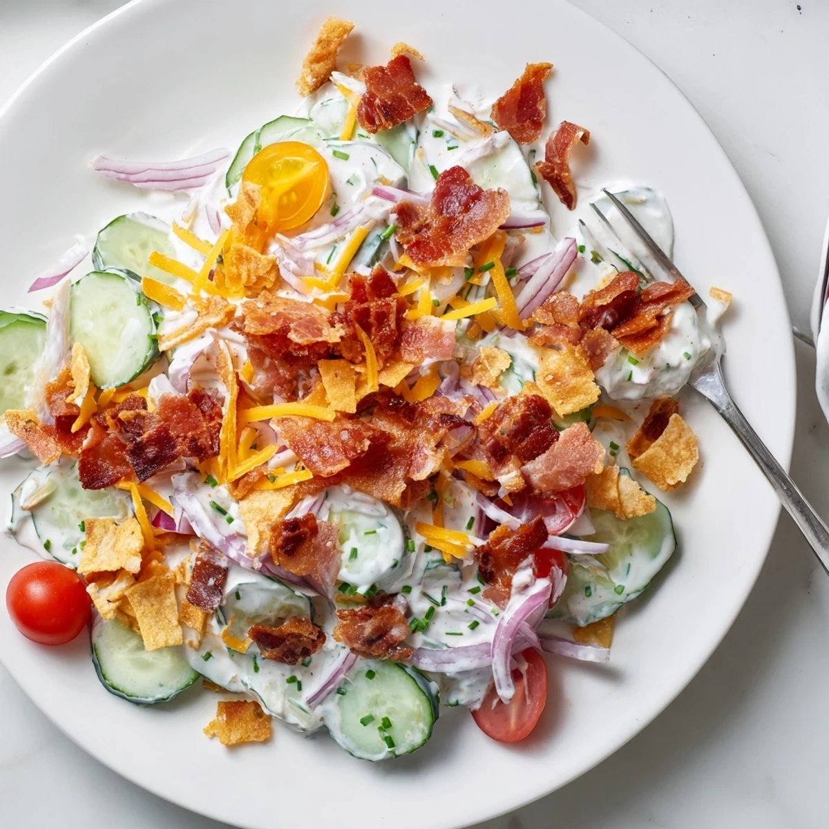 Cucumber Ranch Crack Salad piled with crispy bacon, cheddar, and crunchy chips