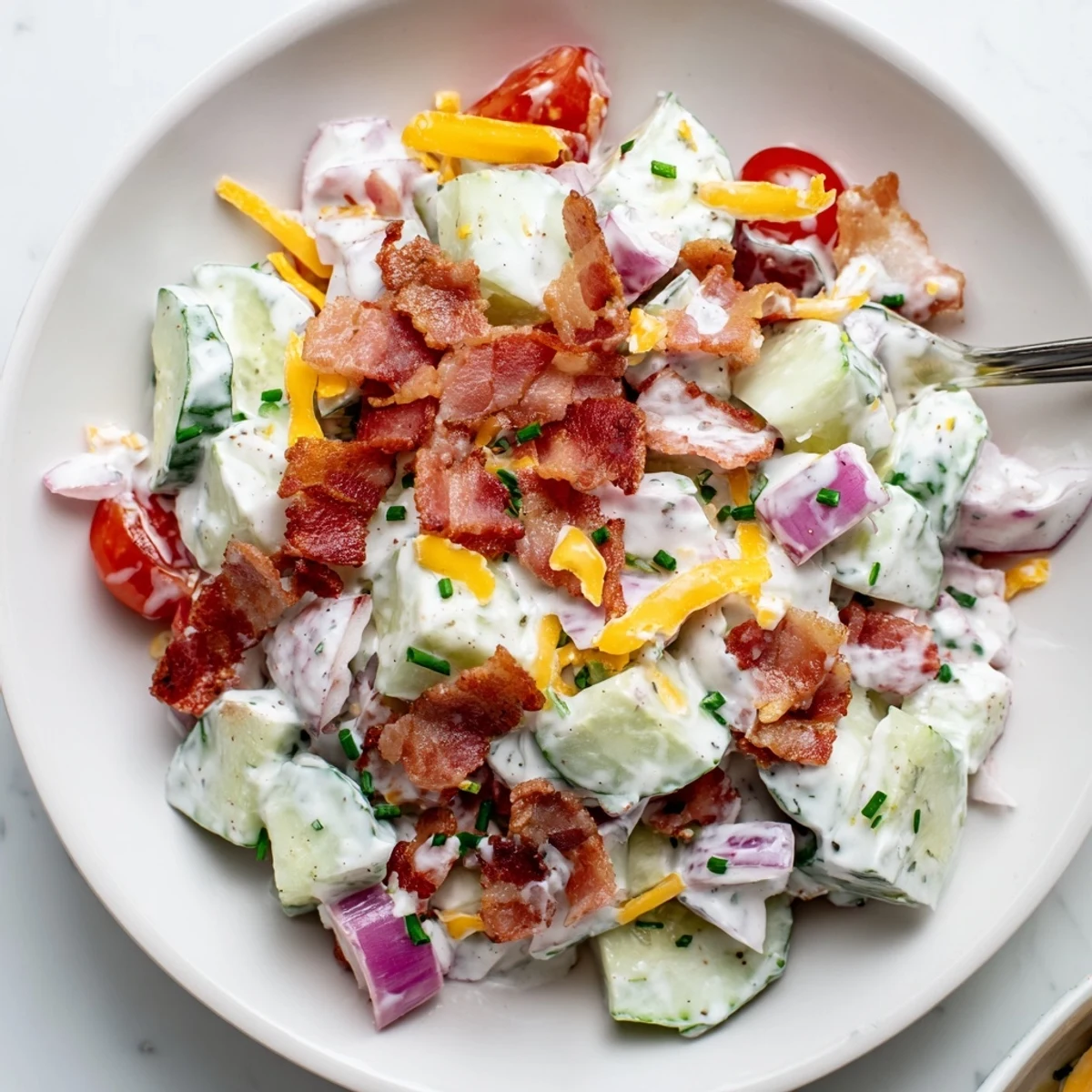 Bright, creamy bowl showing Cucumber Ranch Crack Salad with chives and bacon