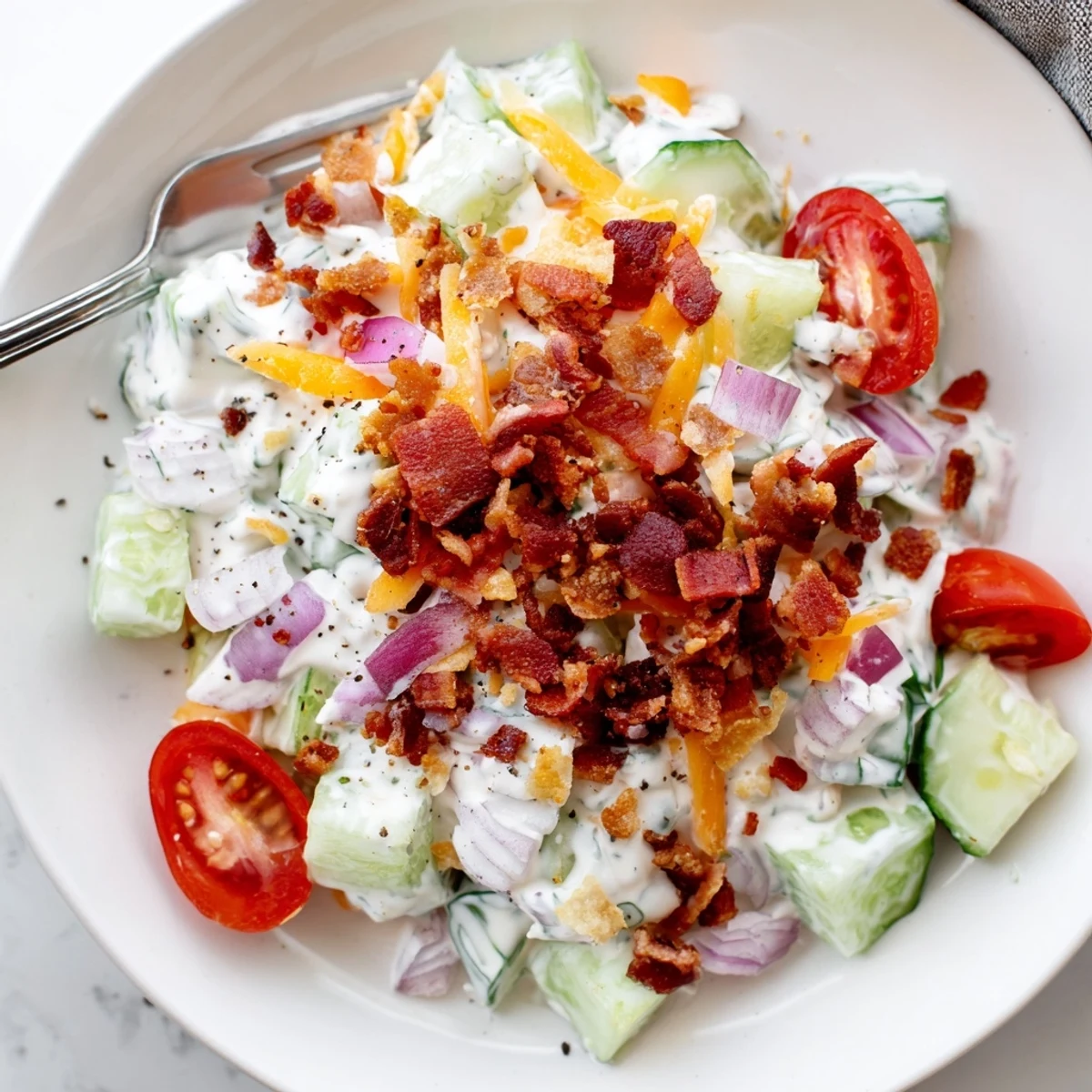 Serve Cucumber Ranch Crack Salad chilled for picnics, topped with crushed chips