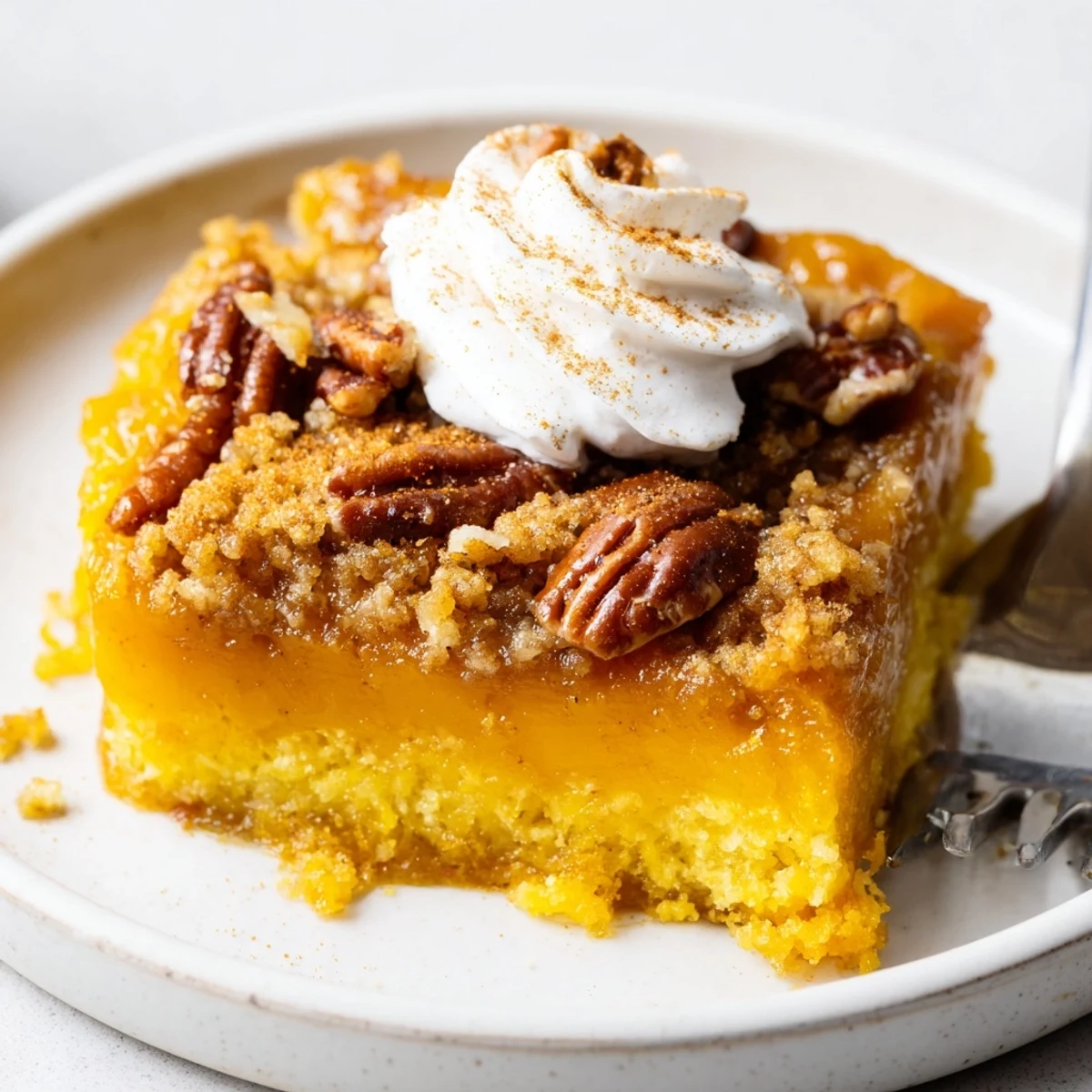 Warm Pumpkin Dump Cake with golden pecan topping and melting vanilla ice cream