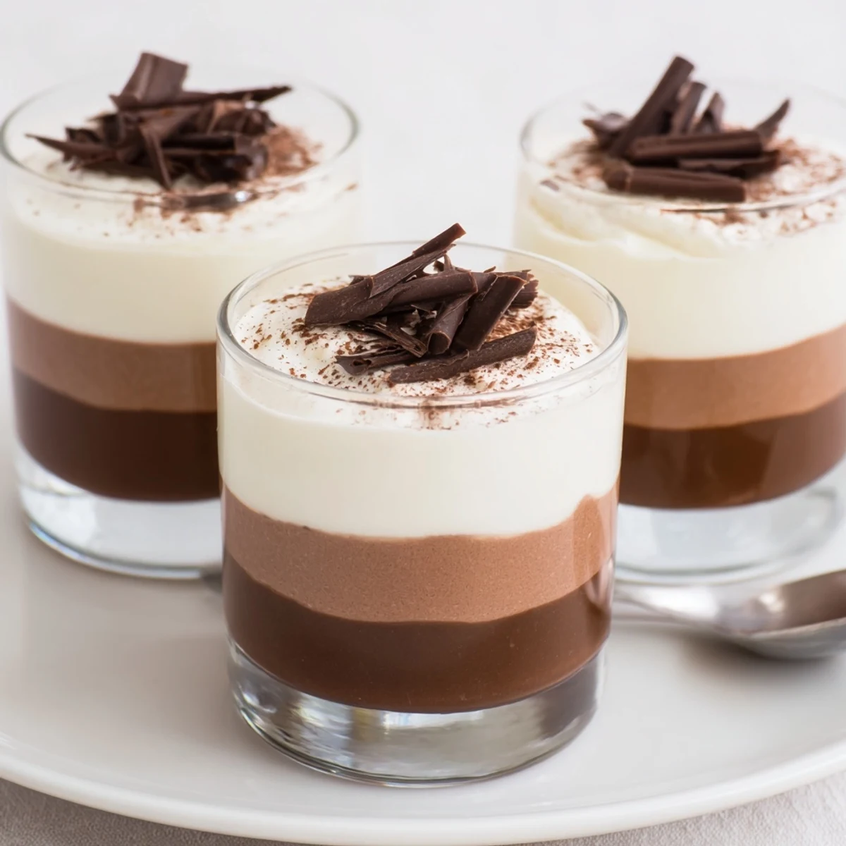 Triple Chocolate Mousse Cups layered in glasses with glossy chocolate peaks.