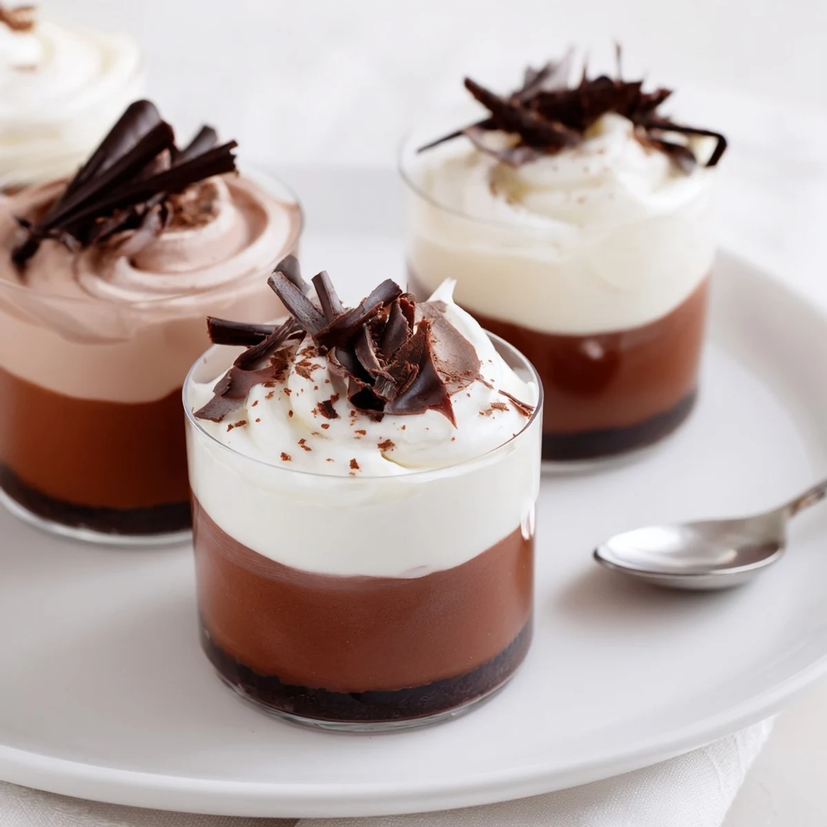 Individual Triple Chocolate Mousse Cups chilled, creamy layers and shaved cocoa garnish.