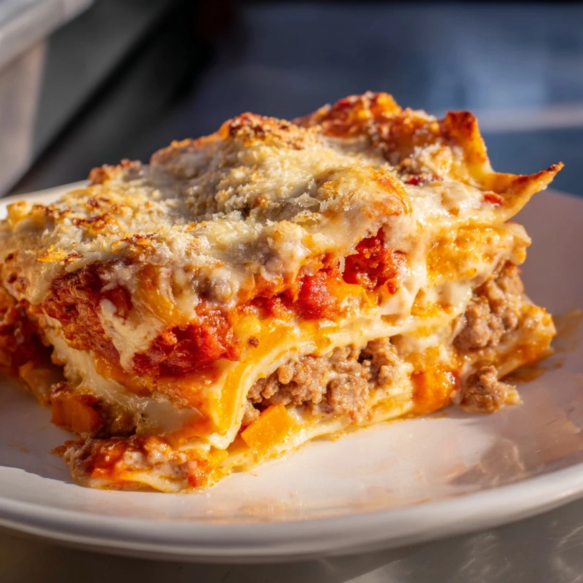 Golden butternut squash sausage lasagna with bubbling mozzarella and roasted squash layers