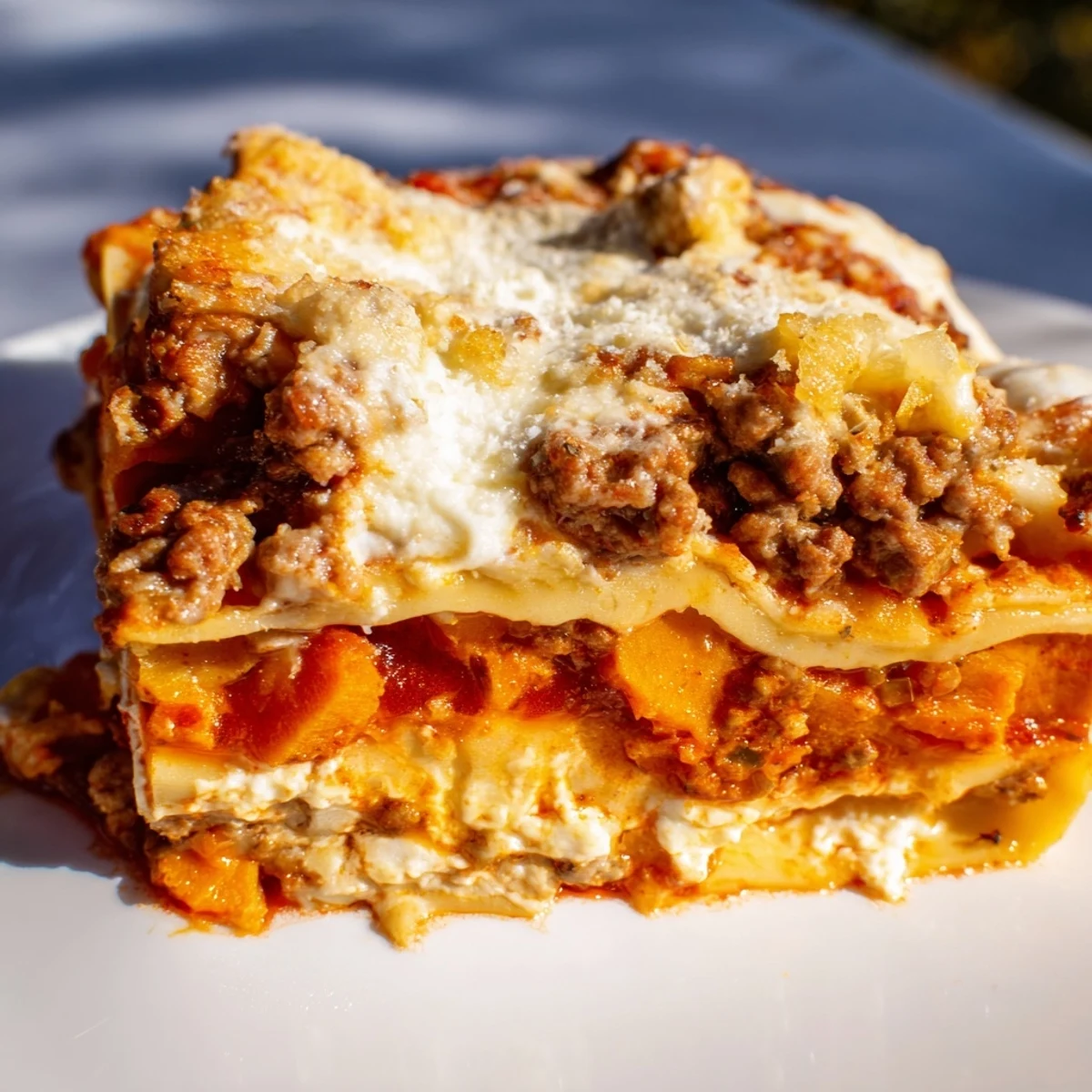 Layered butternut squash sausage lasagna with tomato sauce and melted cheese topping