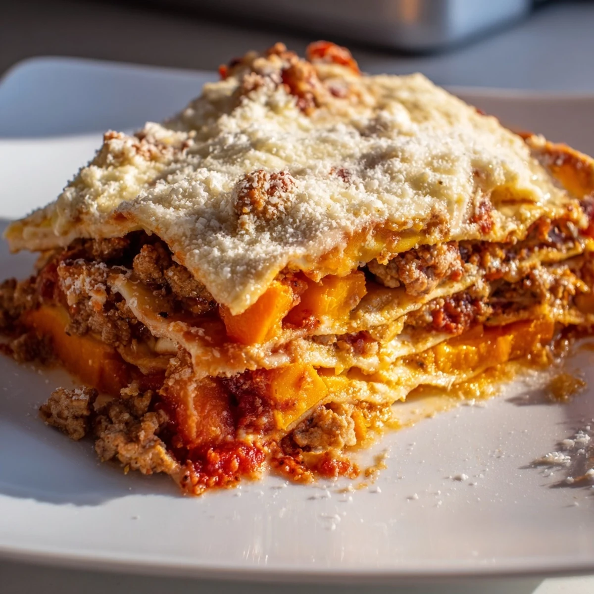 Hearty butternut squash sausage lasagna served warm on a white ceramic plate