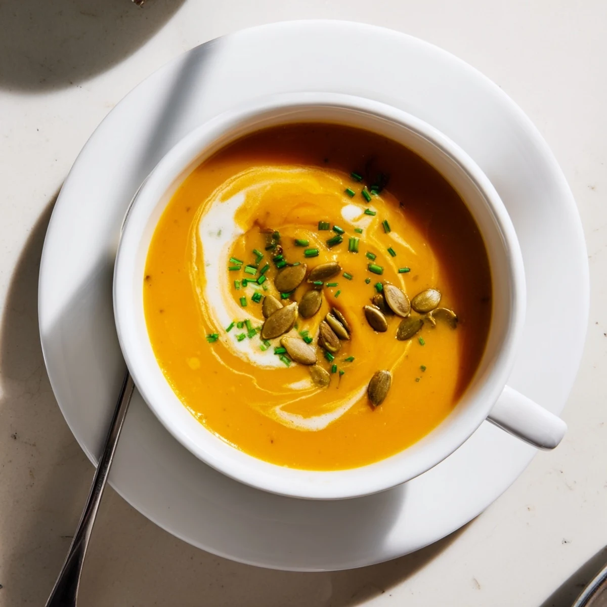 Golden bowl of creamy butternut squash soup garnished with toasted pumpkin seeds and fresh chives