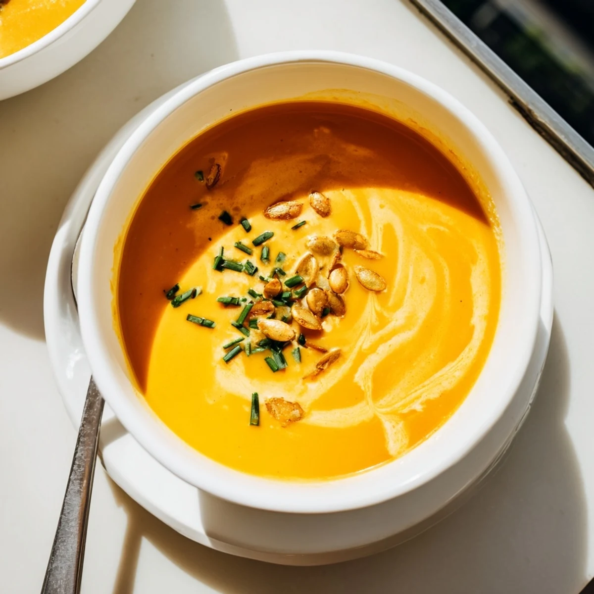 Comforting butternut squash soup drizzled with coconut milk and sprinkled with herbs on a rustic wooden table
